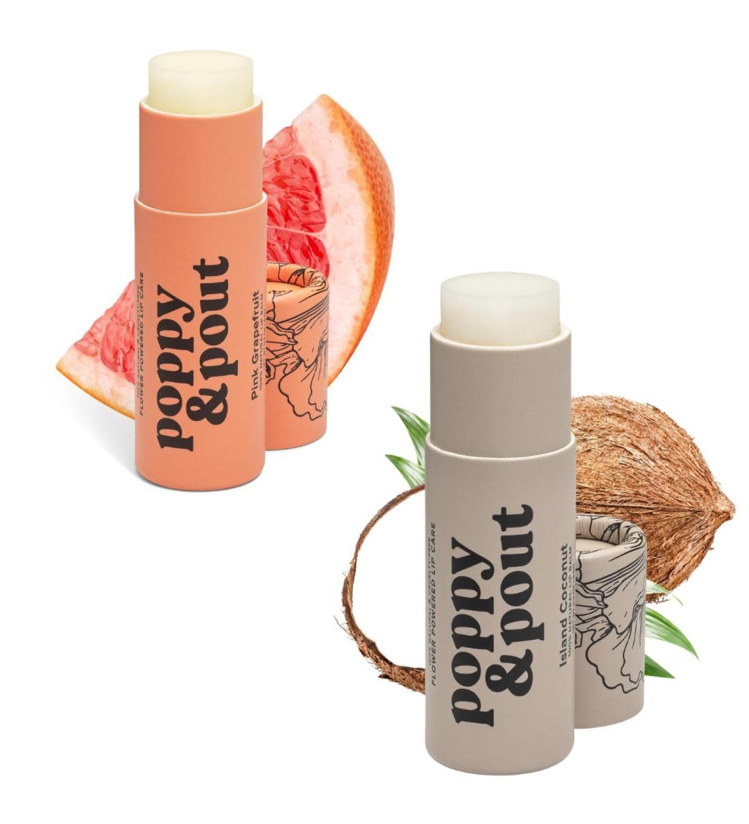 Poppy & Pout Jumbo Lip Balm 2 Pack All Natural Lip Balms & Moisturizers Hydrates with Beeswax Vitamin E Organic Coconut Island Coconut & Pink Grapefruit - Buy Online on GoSupps.com