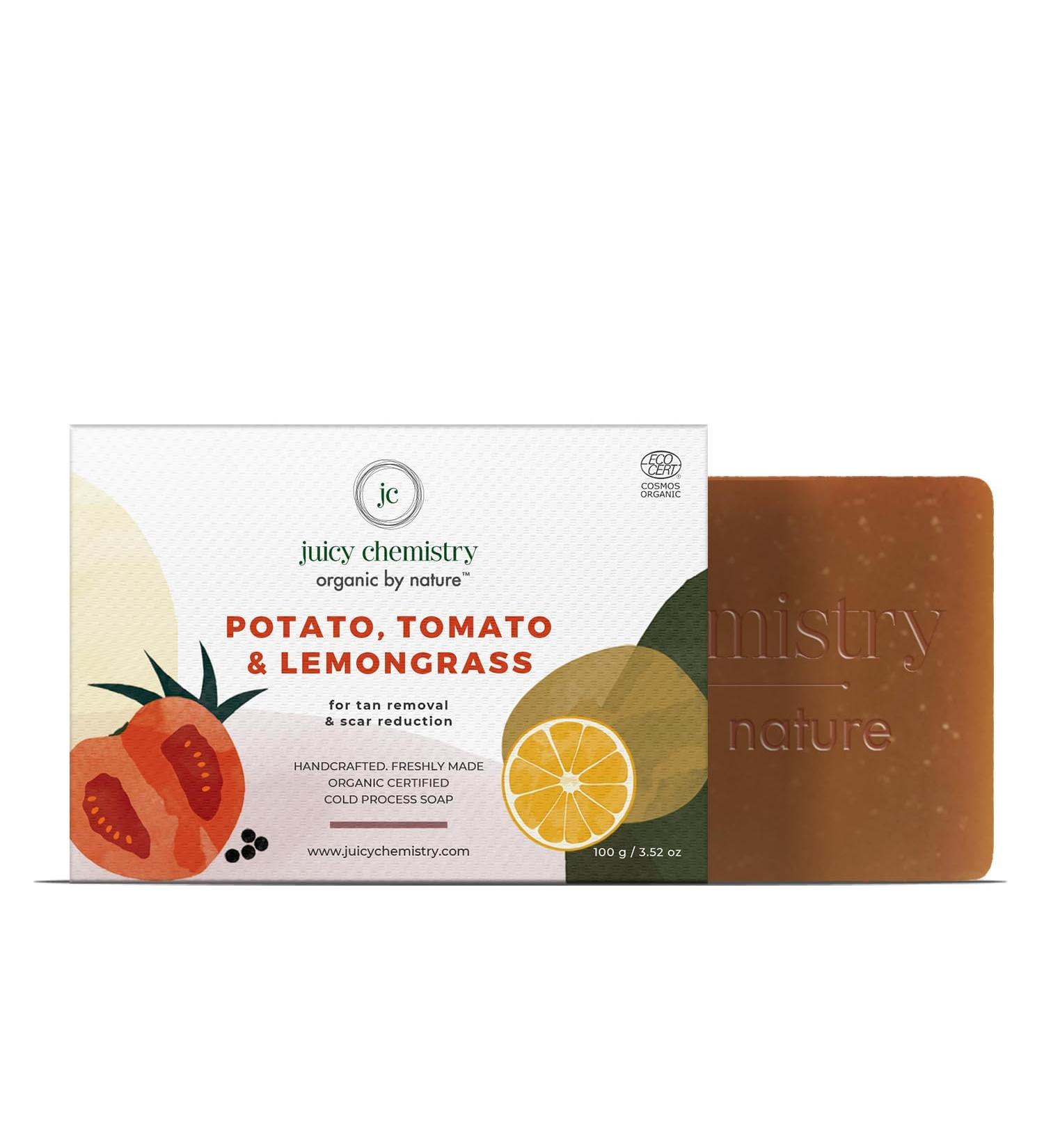 Juicy Chemistry Organic Potato Tomato & Lemongrass Handmade Soap | Cold-Processed Tan Removal & Scarring Solution | EcoCert Vegan for Men & Women | 100g - Buy Online on GoSupps.com
