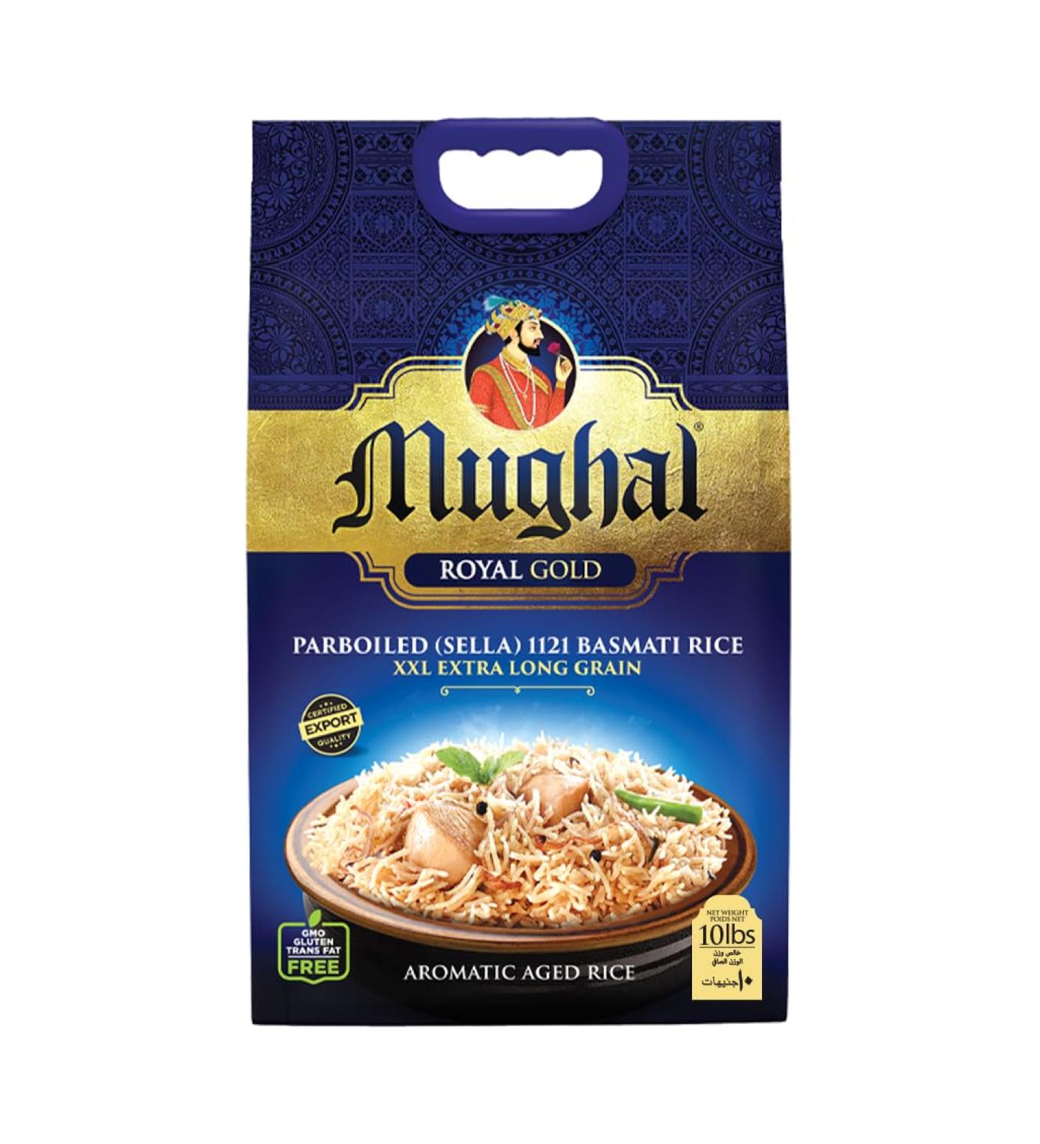 Mughal Royal Gold Parboiled Basmati Rice Extra long grains BRC Certified 10 lbs (4.54 kgs) - Buy Online on GoSupps.com