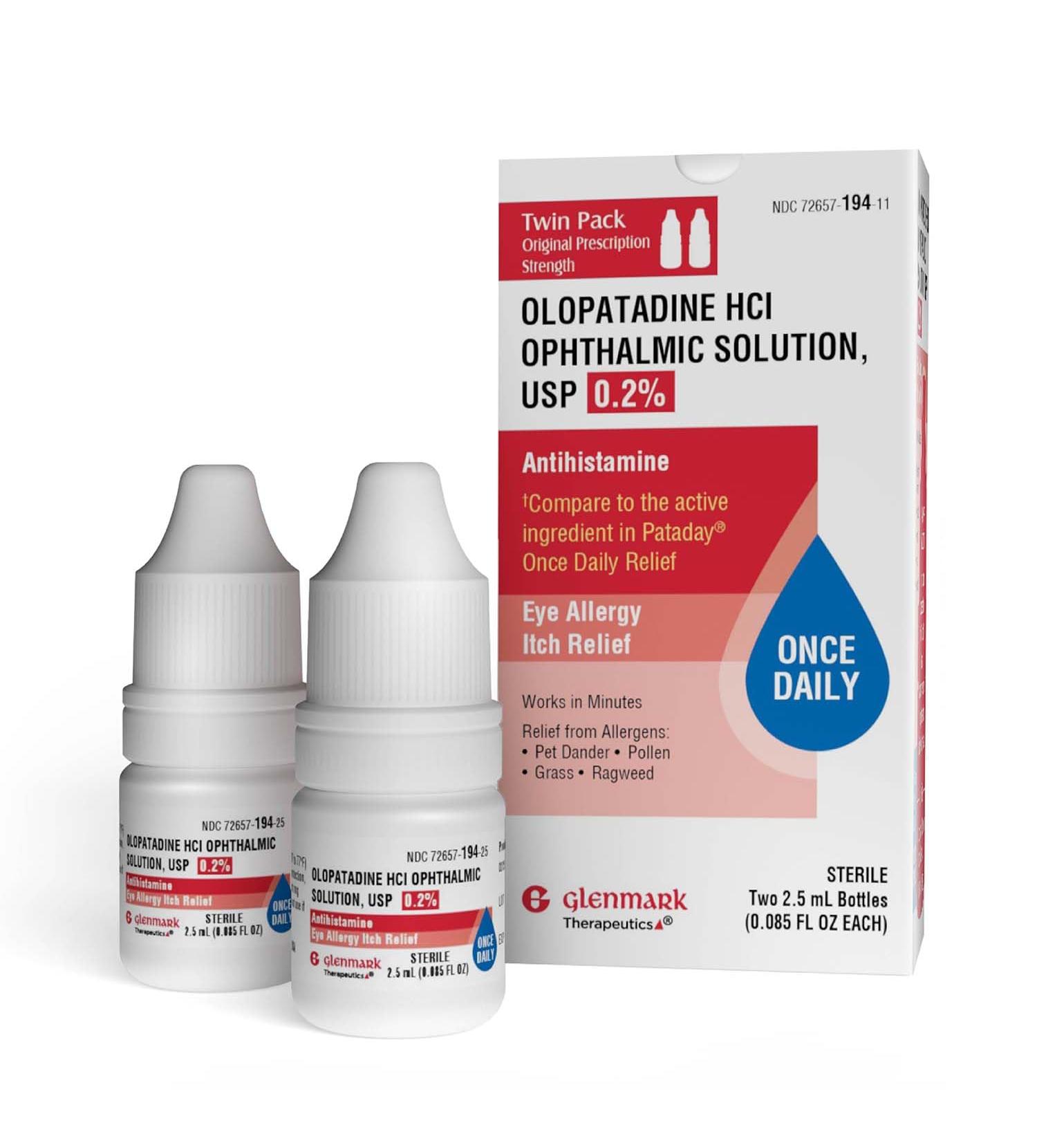 Glenmark Therapeutics Once Daily Olopatadine Eye Drops for Allergies Redness Relief Antihistamine Allergy Relief from Pet Dander Pollen Grass Ragweed Olopatadine HCl 0.2% 2.5ml (Twin-Pack) Twin Pack - Buy Online on GoSupps.com