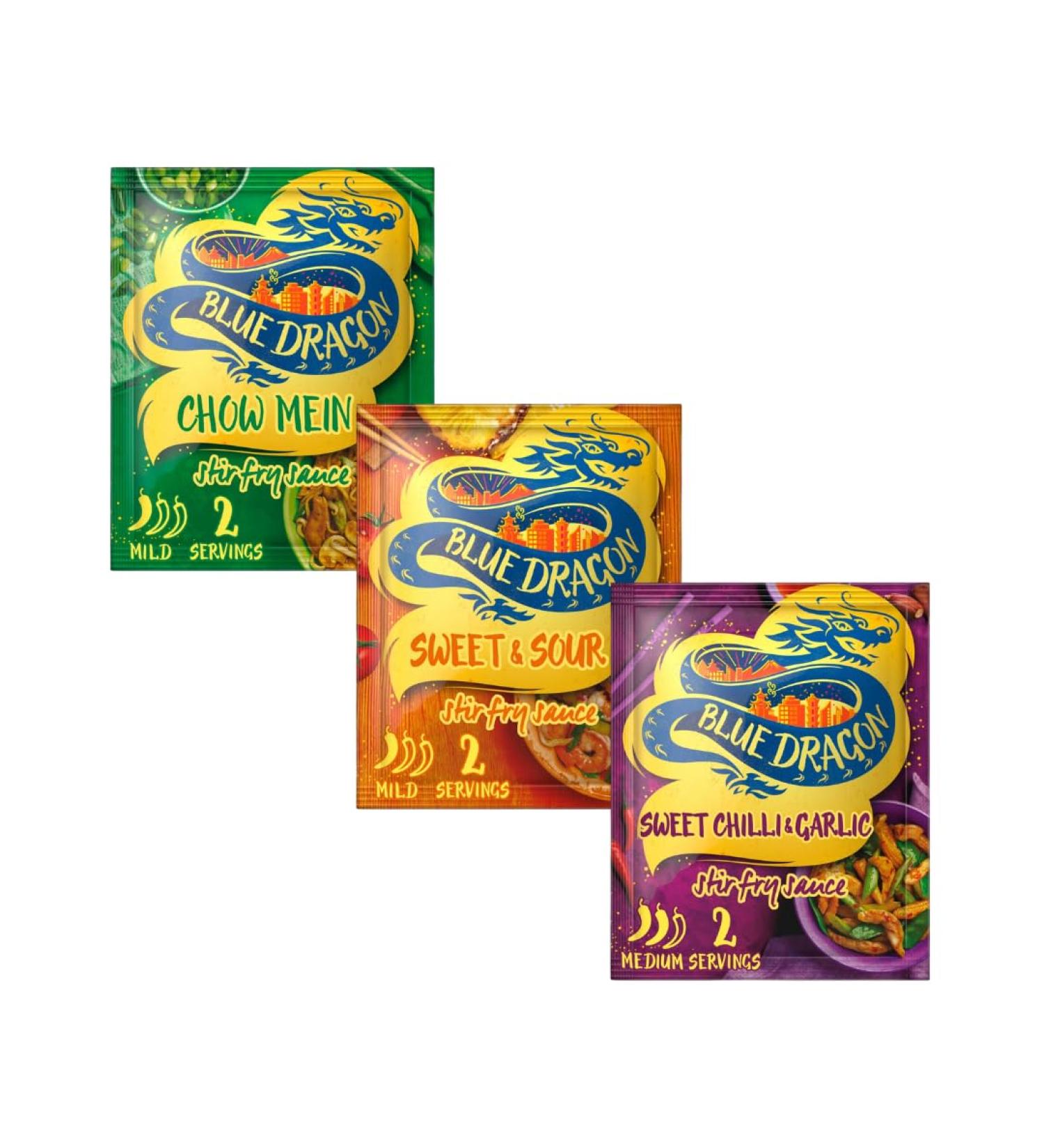 Cooking Sauce Bundle Containing Blue Dragon Stir-Fry Sauce Chow Mein Sweet & Sour Sweet Chilli & Garlic 120g each (3 Pack) - Buy Online on GoSupps.com