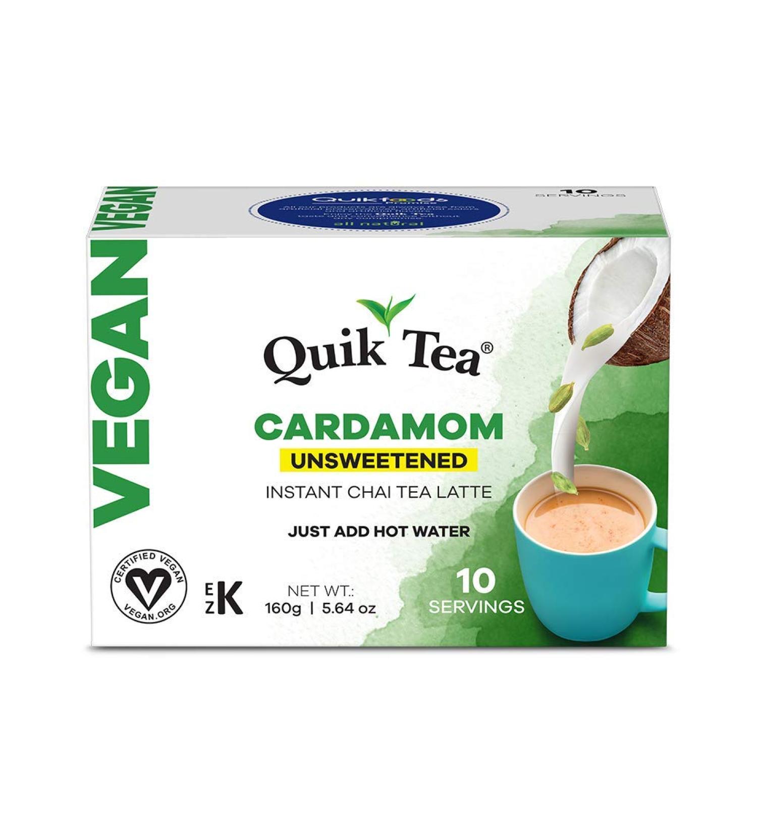 QuikTea Vegan Unsweetened Cardamom Chai Tea Latte - 10 Count Single Box - All Natural & Preservative Free Authentic Instant Chai Vegan Cardamom Unsweetened 10 Count (Pack of 1) - Buy Online on GoSupps.com