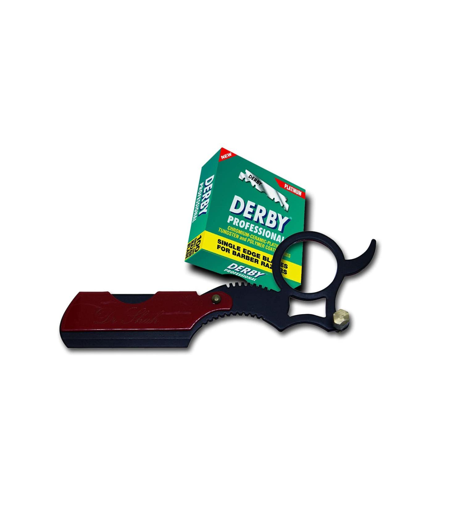 Men's Razor Set - Steel Razor + 100 Half Derby Blades + Leather Pouch - Perfect for Barbers & Hairdressers (Maroon) - International Shipping - Buy Online on GoSupps.com
