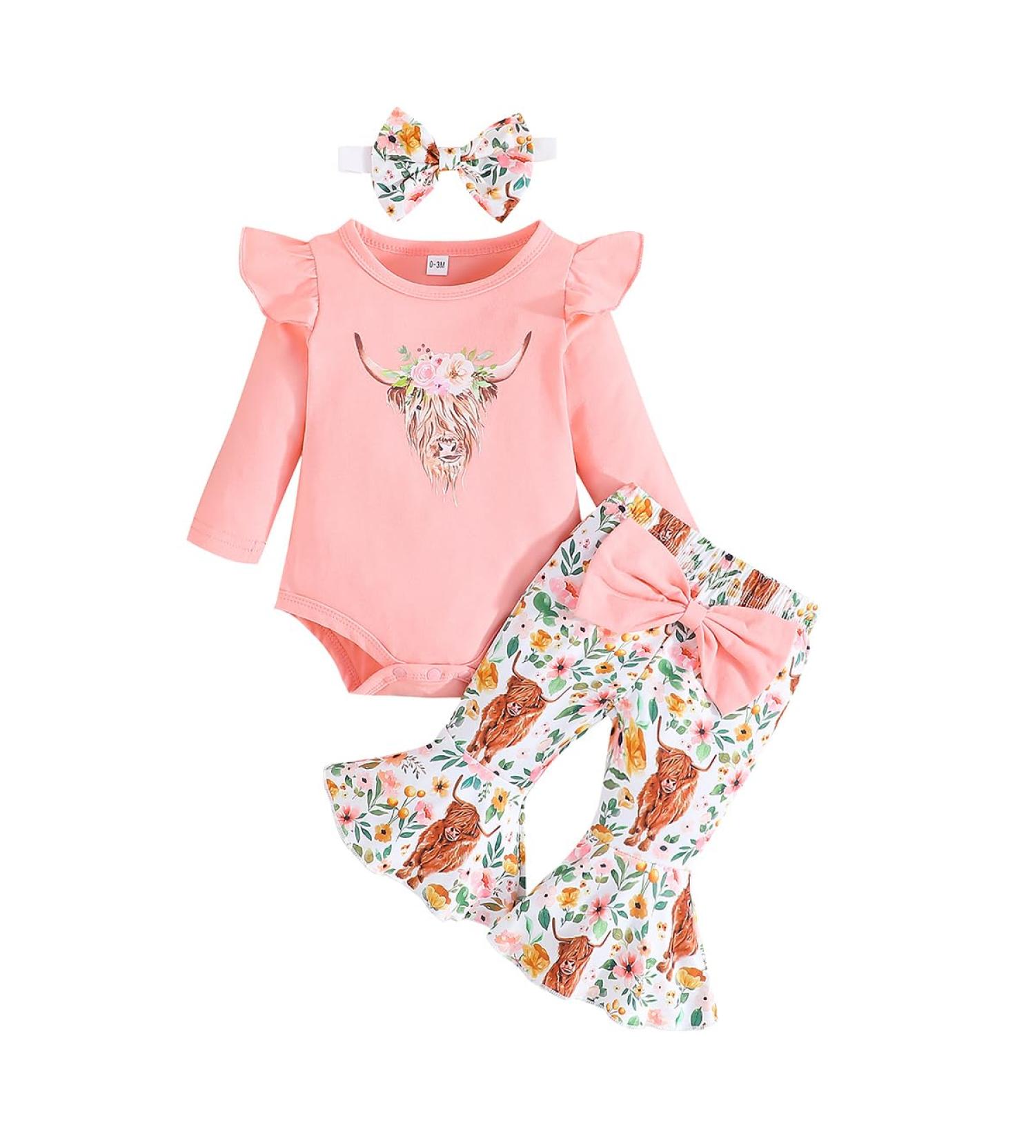 UUAISSO Baby Girls Cow Print Ruffled Outfit Set | Long Sleeve Top and Pants | Infant Clothing Gifts 0-3 Months - Buy Online on GoSupps.com