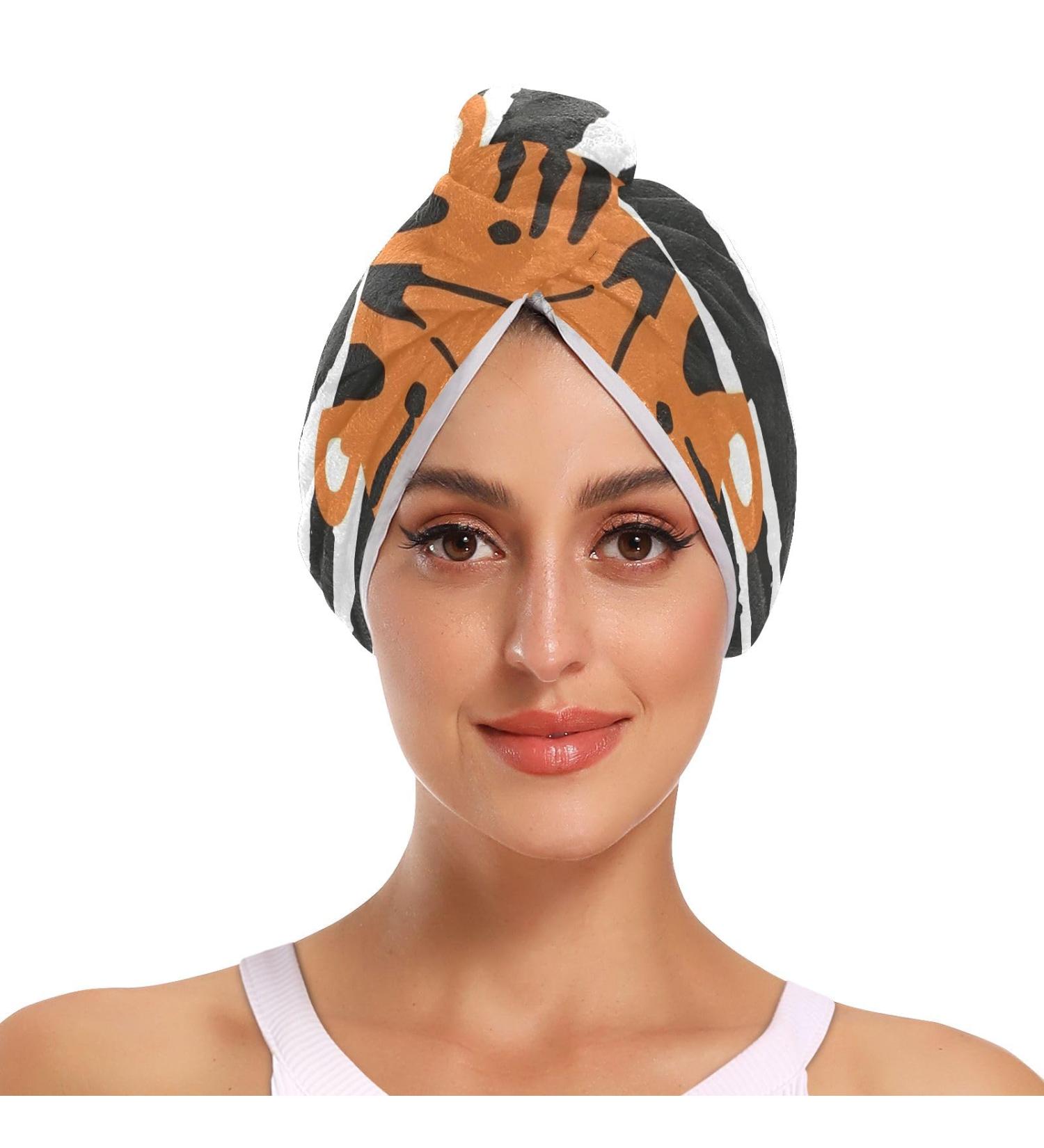 Super Absorbent Tiger Striped Hair Towel 2 Pack | Quick Dry Hair Turbans with Button Wrap for Women & Girls - Buy Online on GoSupps.com