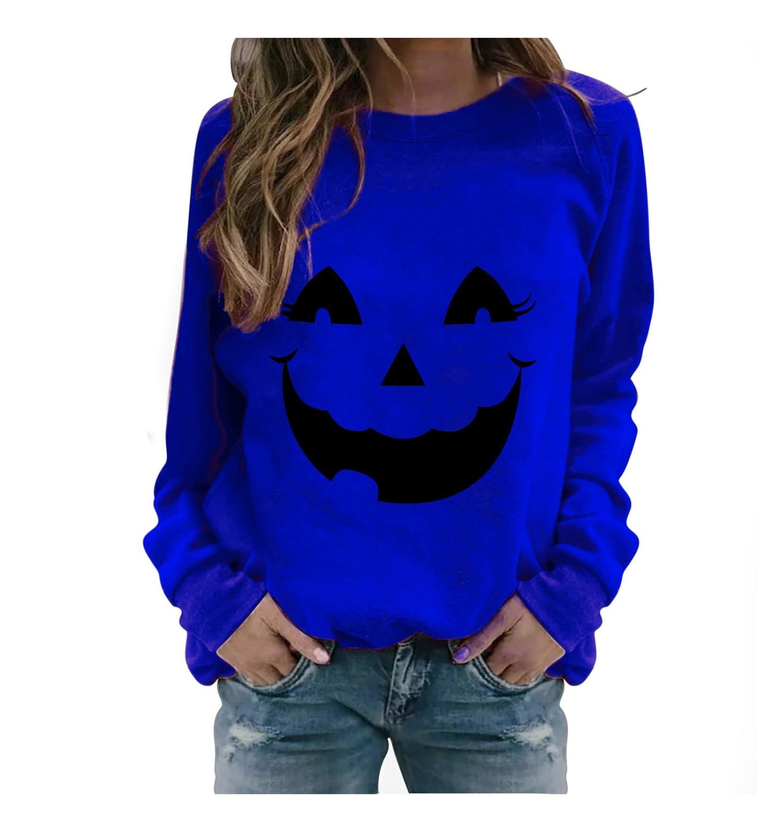 Halloween Costumes Round Neck Casual Long Sleeve Sweatshirt Top Pullover Fleece Sweater Women Blue Large - Buy Online on GoSupps.com