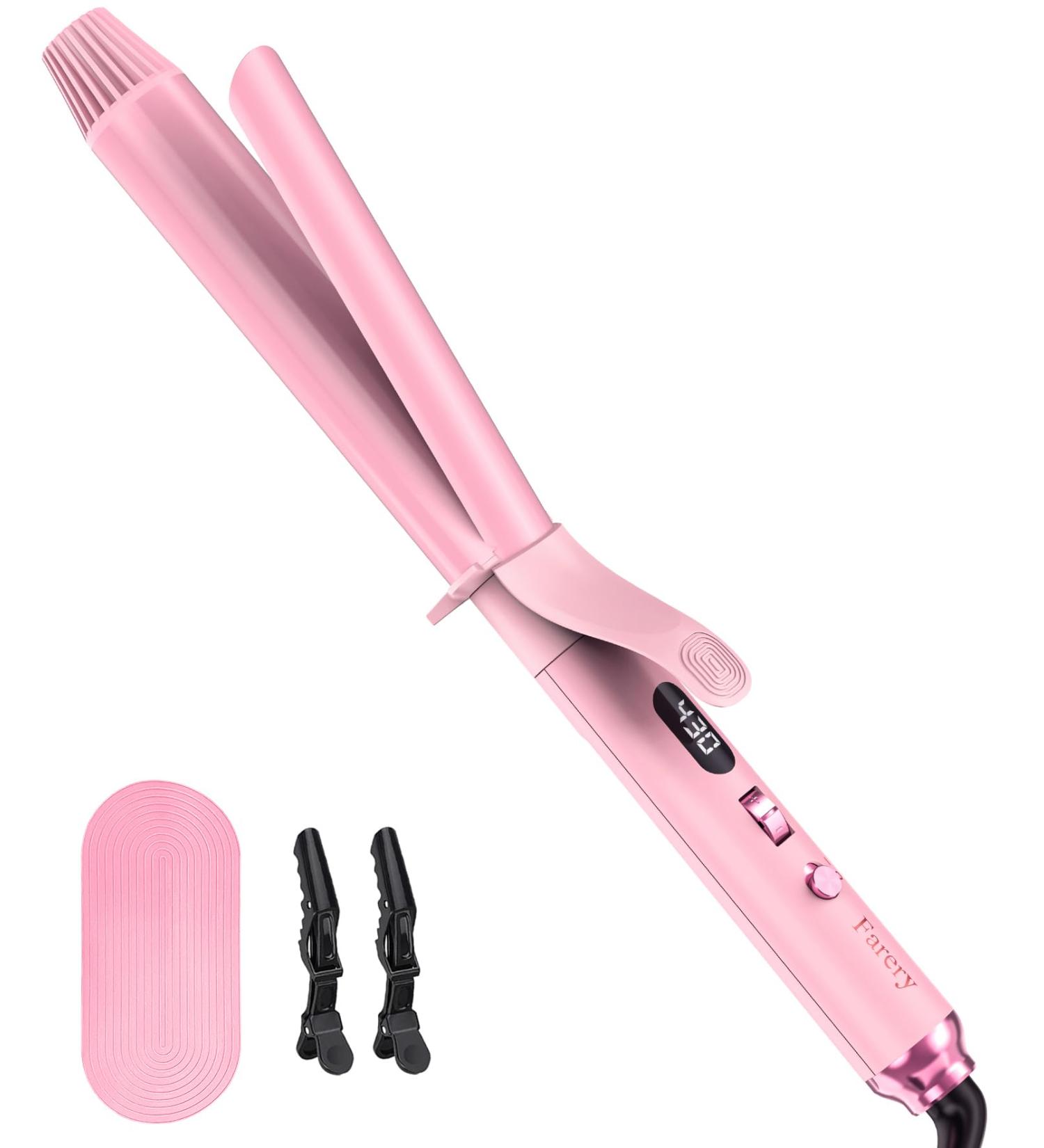 Long Barrel Curling Iron 1.25 Inch Ceramic with Argan Oil & Keratin 11 Temp Settings Clips & Pad Perfect for Thin Hair - Pink - Buy Online on GoSupps.com