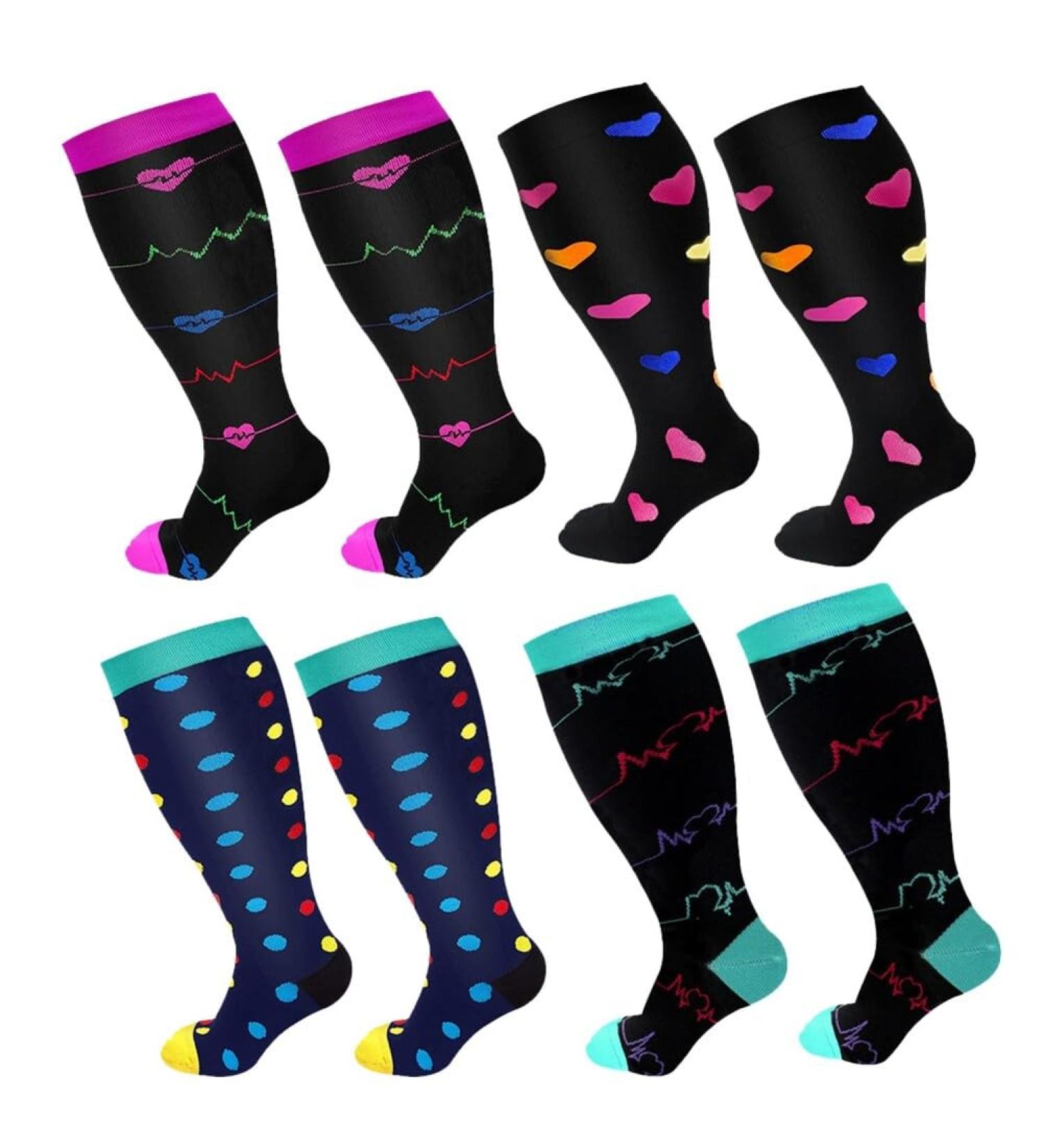 Buy 4 Pairs Oversize Compression Stockings for Women | Colorful Medical Support Socks | Breathable Elastic Nylon Travel & Sports Socks (2XL/3XL/4XL) - Buy Online on GoSupps.com
