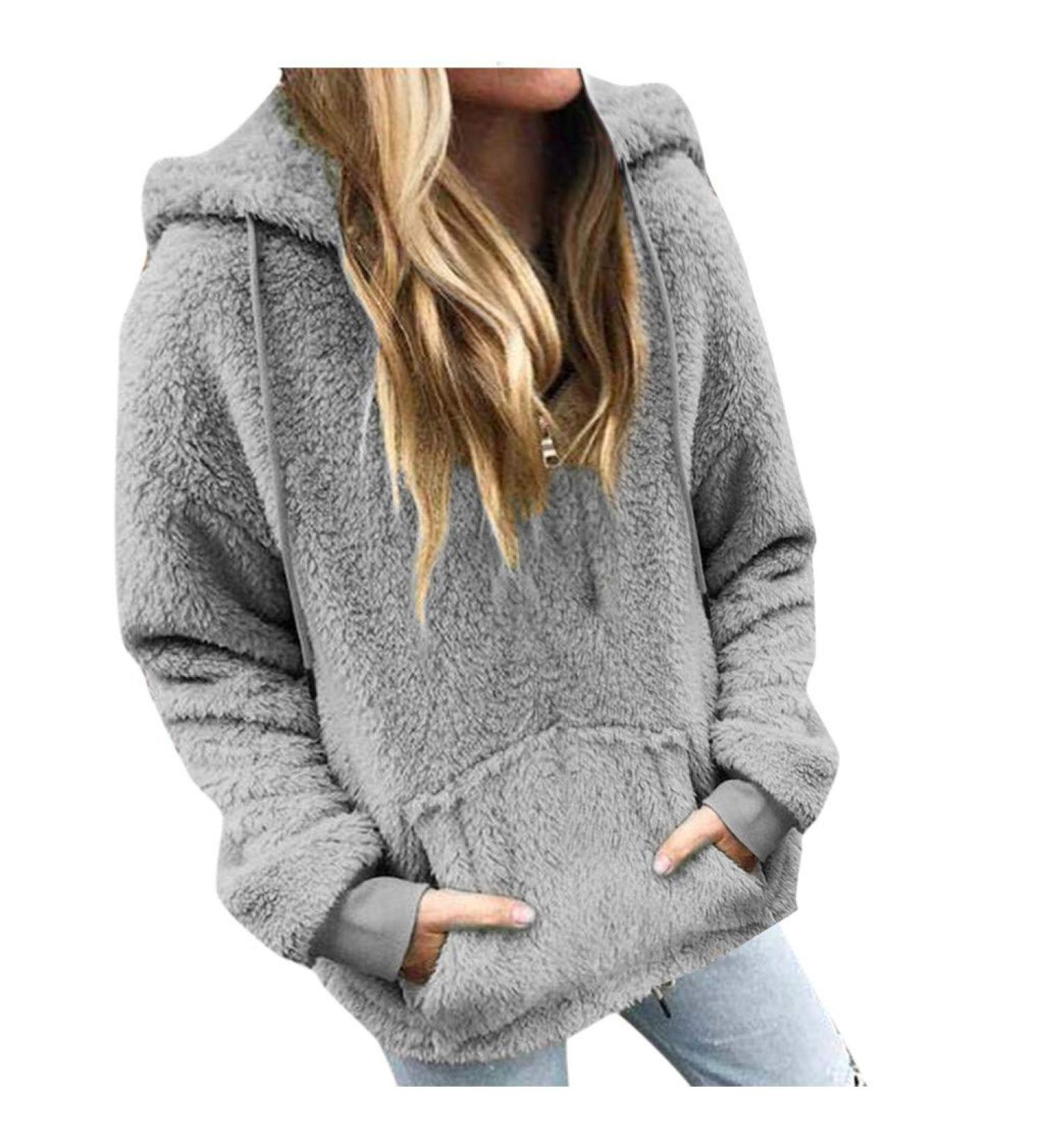 Bigfanshu Women's Sweaters Fashion Long Sleeve with Cap Double-Sided Plush Zipper Sweatshirt Blouse Gray - Buy Online on GoSupps.com