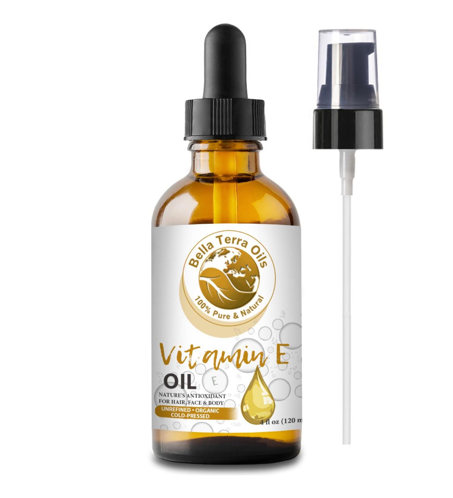 Organic 100% Pure Cold-Pressed 75,000 IU Vitamin E Oil | Bella Terra Oils 4oz | Natural Antioxidant for Skin, Hair, Nails, Stretch Marks & Scars - Buy Online on GoSupps.com