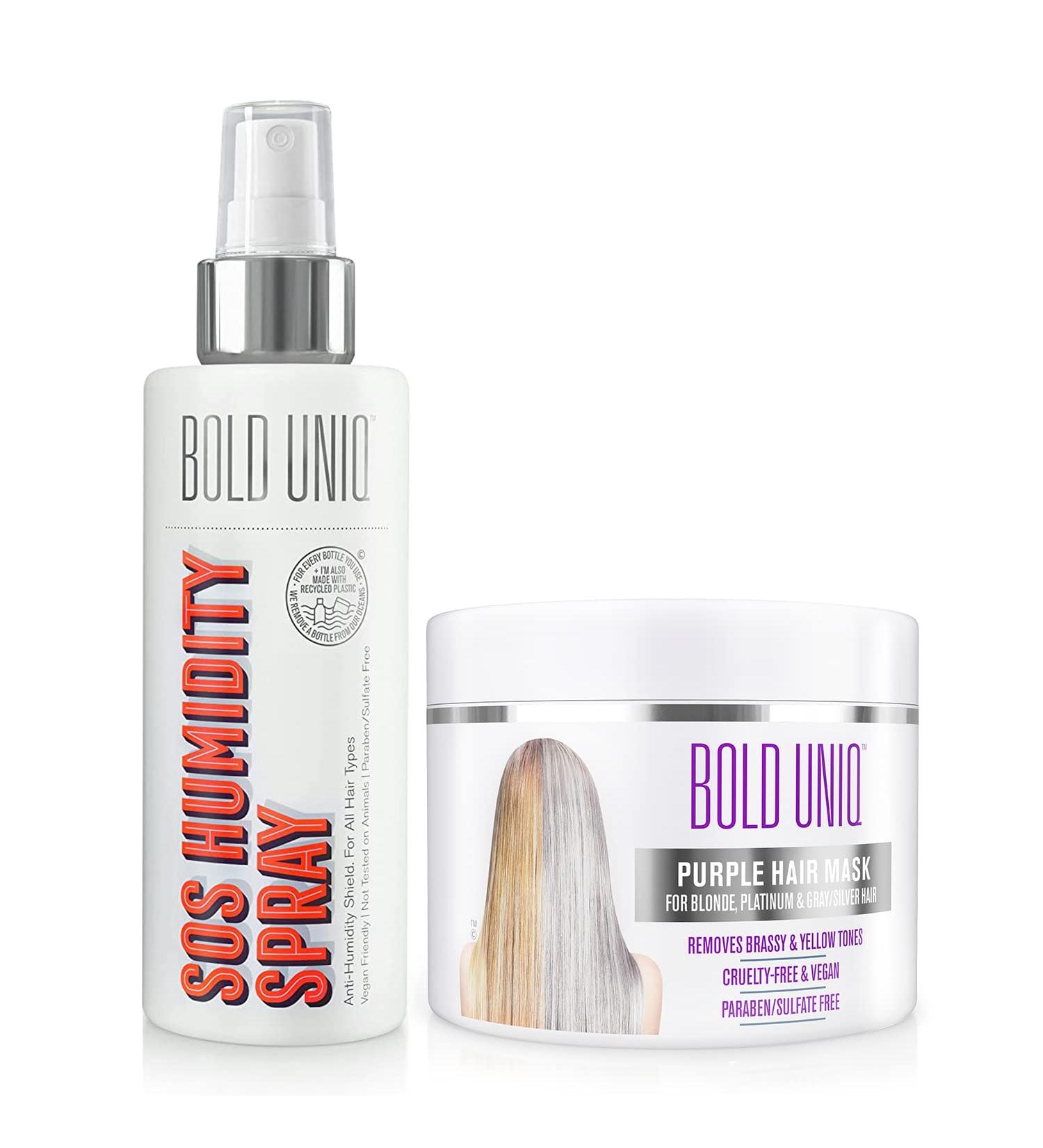 BOLD UNIQ Purple Hair Mask & Anti-Humidity Spray Bundle for Blonde, Platinum, Silver, Gray Hair - Remove Brassiness & Yellow Tones - Cruelty Free, Vegan - Best for Bleached Hair - Buy Online on GoSupps.com