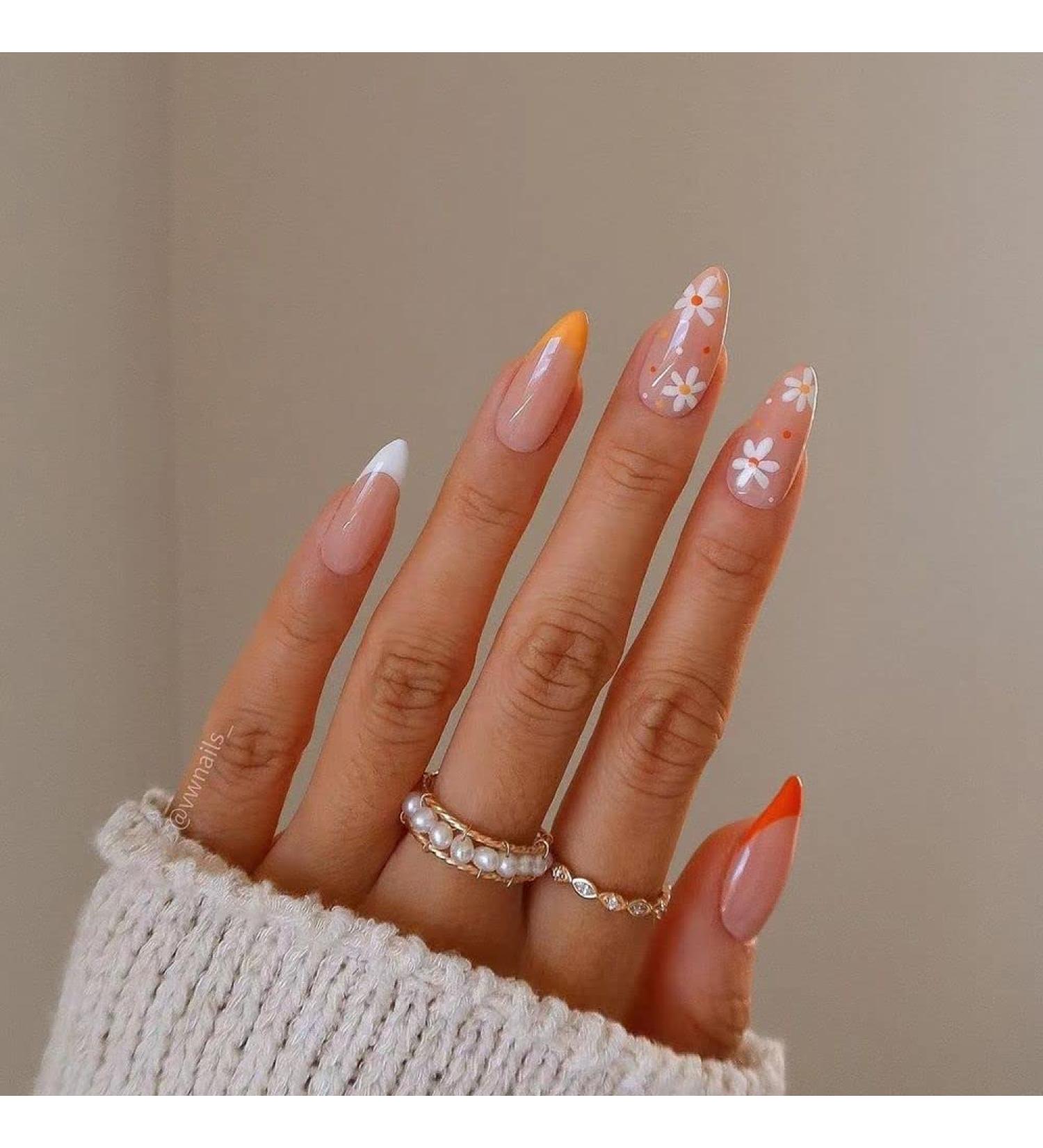 24Pcs French Red and Green Flowers with White Edges in Summer Wearable Fake Nails Full Cover Almond False Nails Decoration 5