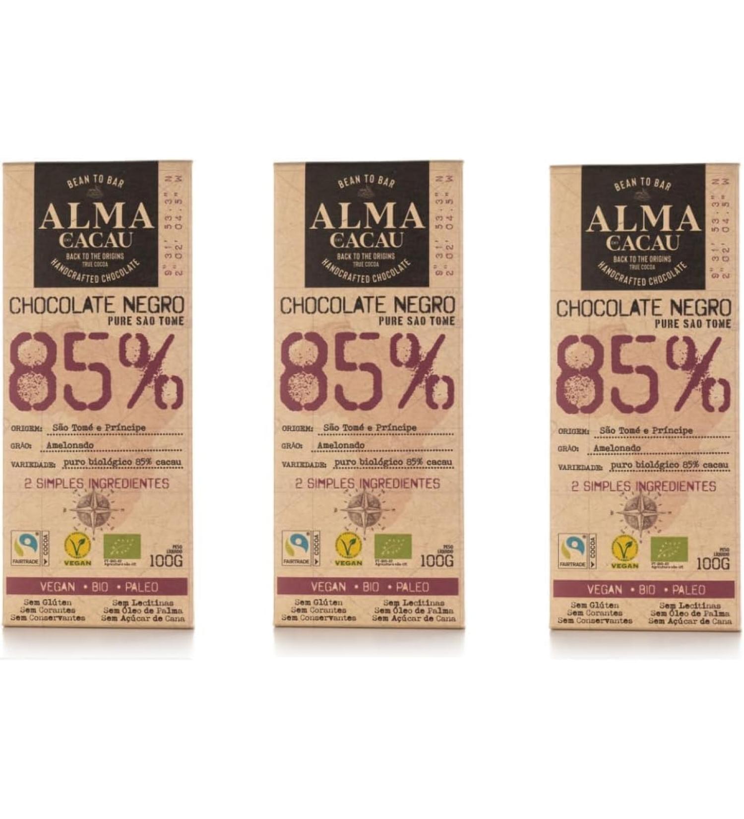 Alma do Cacau Chocolate Origins 85% Cacao - Pack of 3 x 100g tablets - Vegan and Paleo product - From S o Tom and Pr ncipe - No cane sugar or palm oil - Product packaged with nutrients