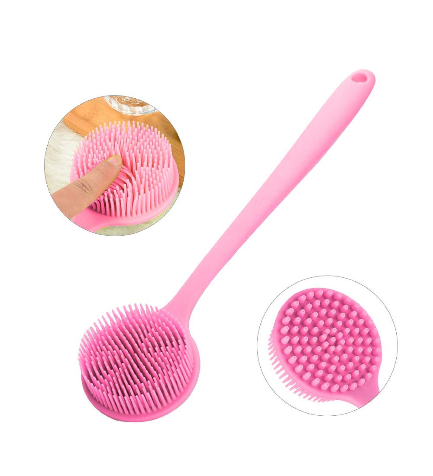 Ityes Silicone Body Brush - Soft Bristles Bathing & Back Scrubber with Long Handle | Double-Sided Shower Brush with Massage Function - Pink - Buy Online on GoSupps.com