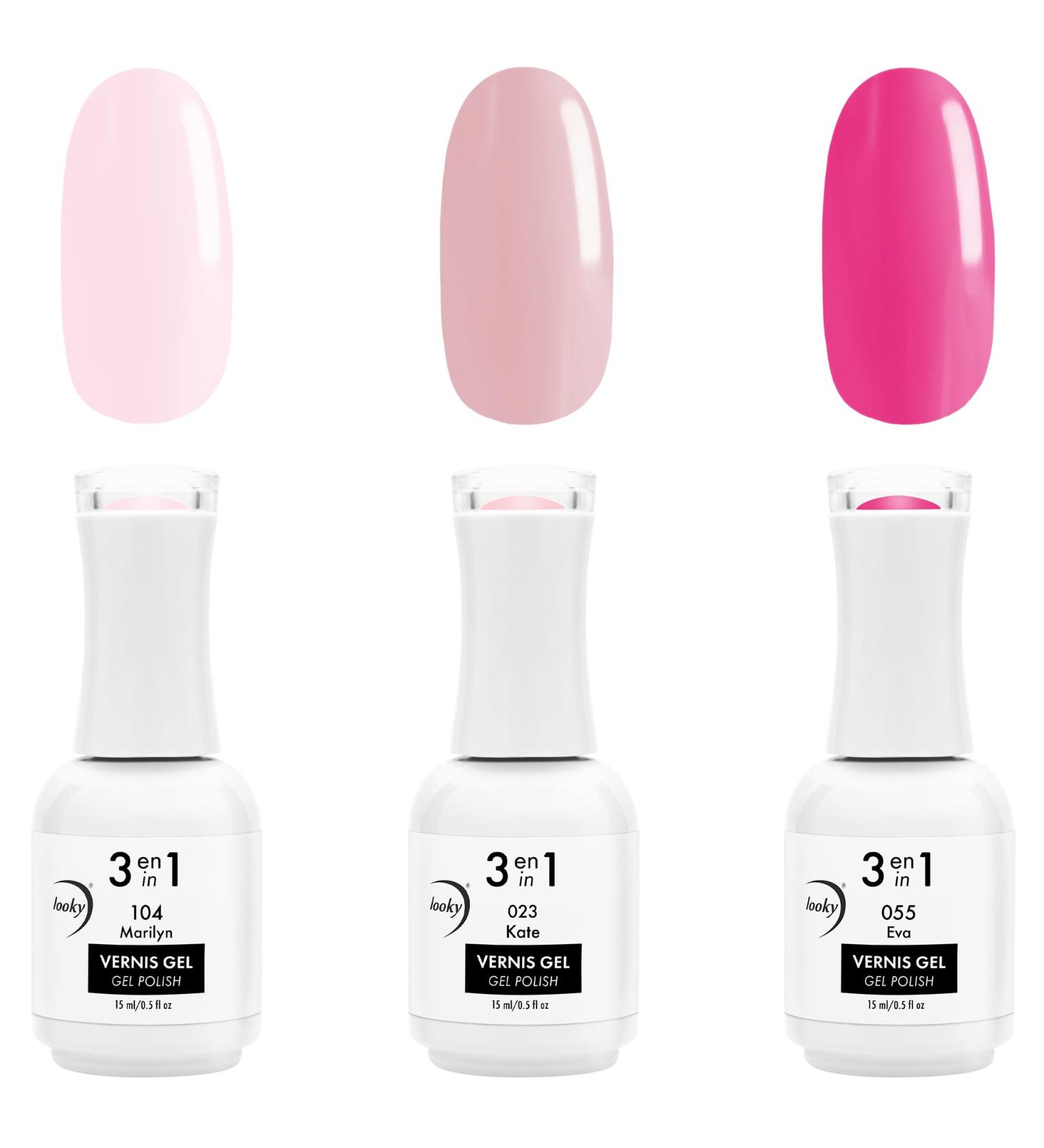 Looky 3-in-1 Gel Nail Polish 3 Pack Pretty in Pink trio #104 Marilyne #023 Kate #055 Eva Combined Base Color Top Coat Salon Quality Manicure at Home DIY Easy Application Nail Lacquer Enamel Quick UV LED Curing Long Lasting Color 3 x 15ml 45 ml (Pack of 1) - Buy Online on GoSupps.com