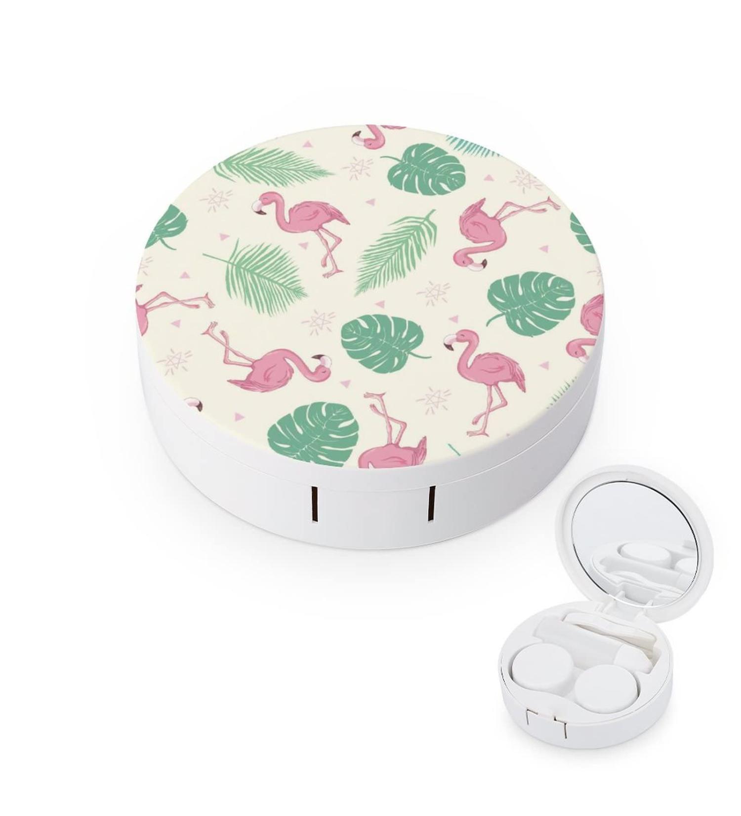 Cartoon Pink Flamingo Round Case For Contact Lens Kit Storage Box with Mirror Printed - Buy Online on GoSupps.com