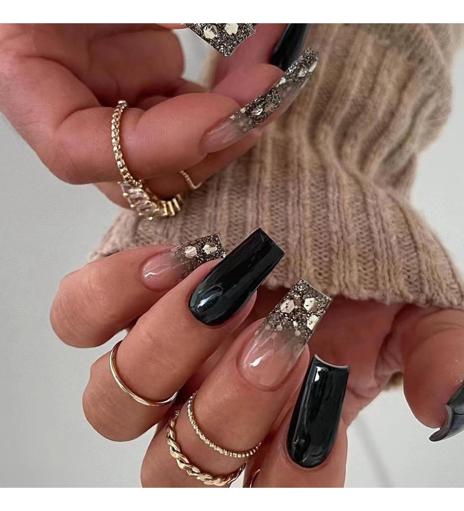 Mouyouglow Press On Nails - Medium Ballerina Nude Pink Gradient with Silver Glitter | Sparkly Black Fake Nails | Includes Nail Glue | Ombre Shimmer Artificial Fingernails - Buy Online on GoSupps.com