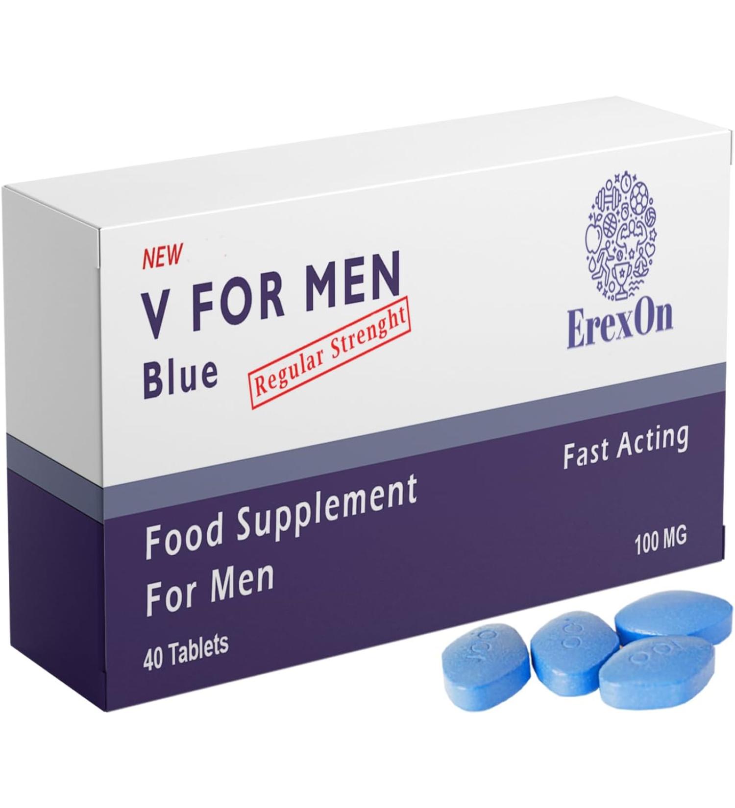 ErexOn V for Men Blue 100mg Herbal Supplement for Men Strong Effect Mens Health Support Tablets Performance & Enhancement Maca Glycine Korean Ginseng and Zinc 40 Pills
