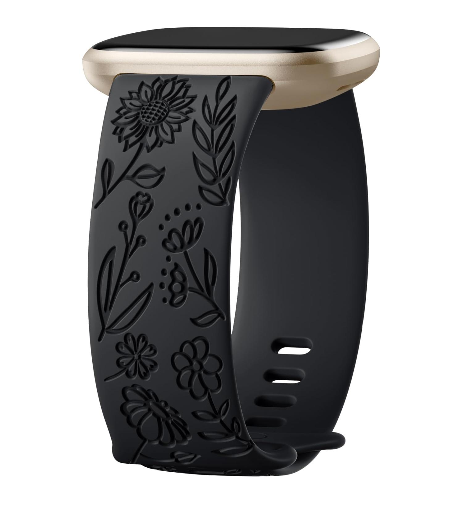 Oielai Sunflower Engraved Bracelet for Fitbit Versa 3/4 & Sense 1/2 - Soft Silicone Replacement Wristband for Women - Black S (4.7-7) - International Shipping - Buy Online on GoSupps.com