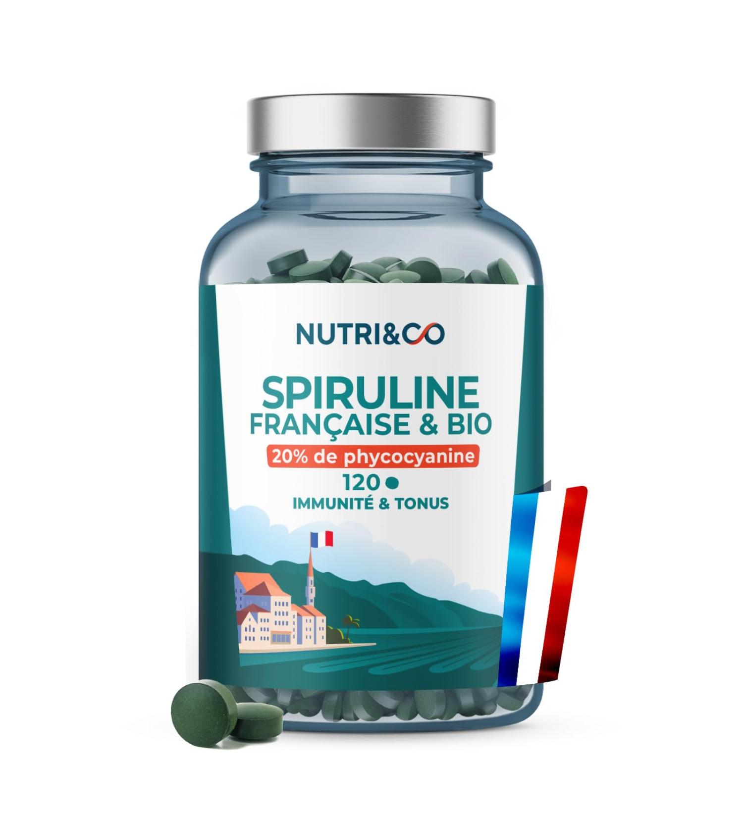 NUTRI & CO Organic Spirulina 100% French Grown in Provence - 20% Phycocyanin - Rich in Protein Vitamin B12 & Antioxidant - 120 Tablets of 500 mg Vegan No Excipients - Buy Online on GoSupps.com