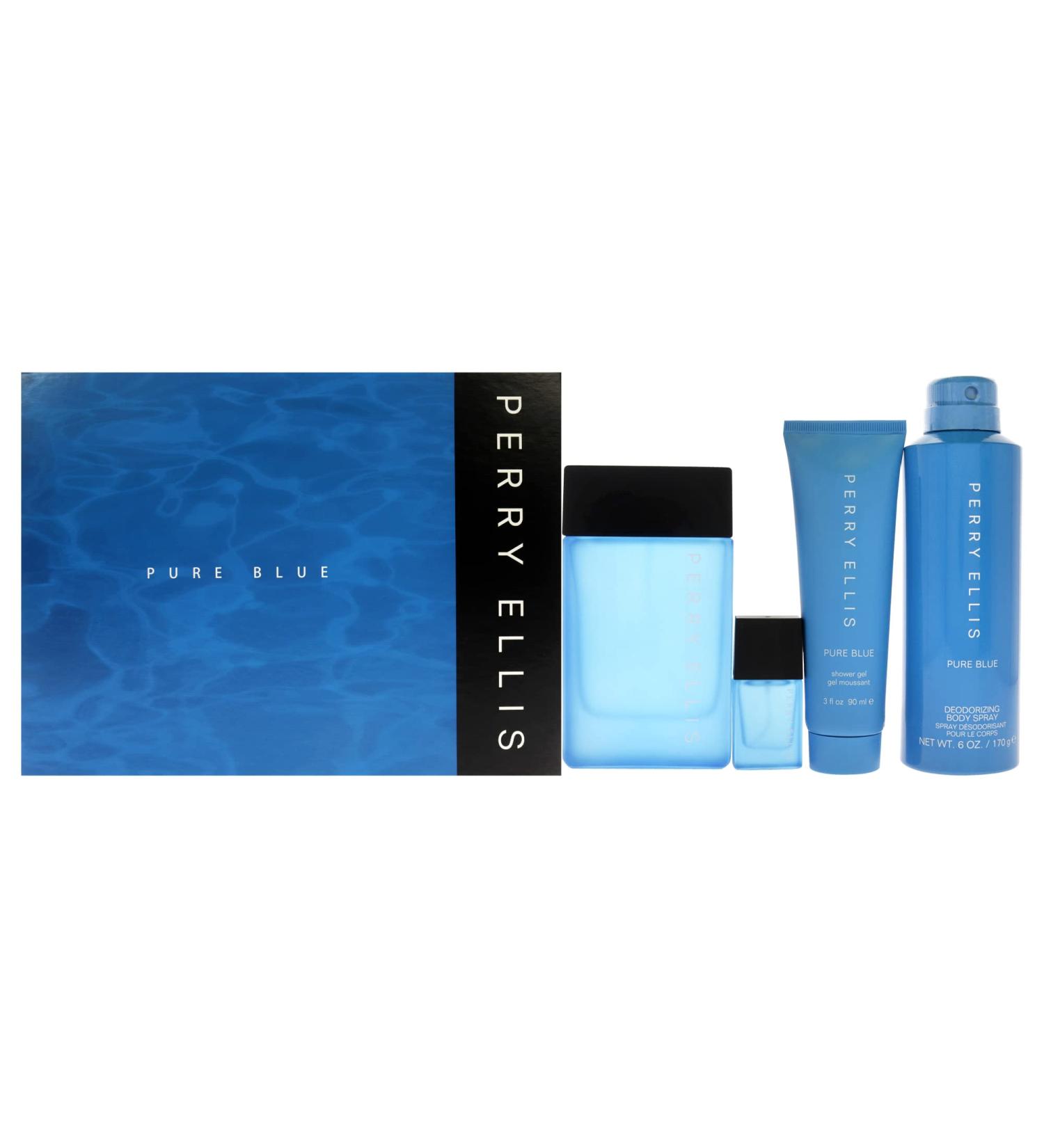 Perry Ellis Perry Ellis Pure Blue 3.4oz EDT Spray 3oz Shower Gel 6oz Deodorant Body Spray 7.5ml Travel EDT Spray Men 4 Pc Gift Set - Buy Online on GoSupps.com