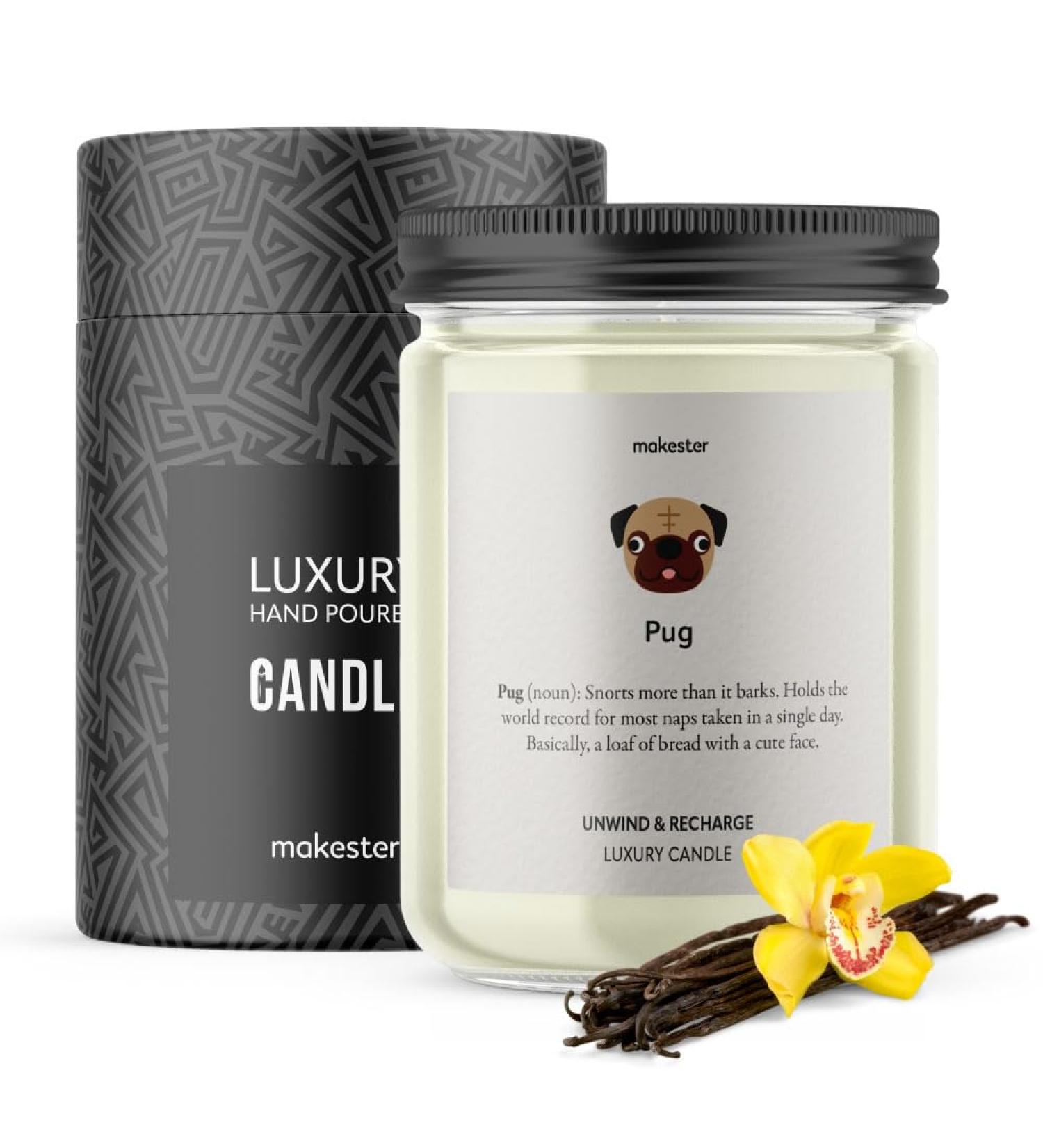 Pug Candle - 220g Soy Wax with Madagascan Vanilla Jasmine & Sugared Almond - Perfect Gift for Dog Lovers - Makester - Buy Online on GoSupps.com