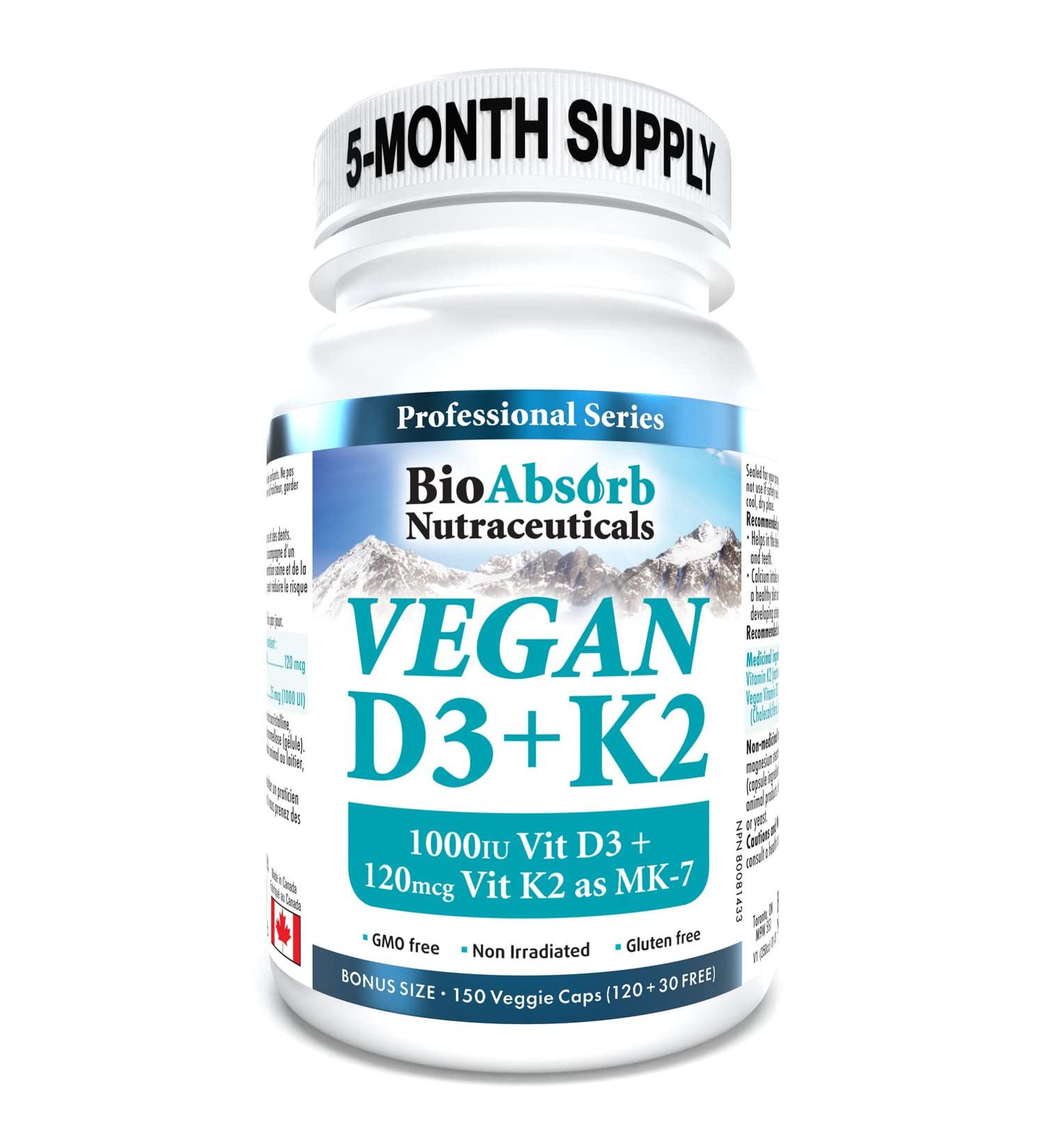 Vegan Vitamin D3 1000 IU + Vitamin K2 MK-7 Form (120 mcg). 150-Day Supply 150 Vegetarian Capsules - Buy Online on GoSupps.com