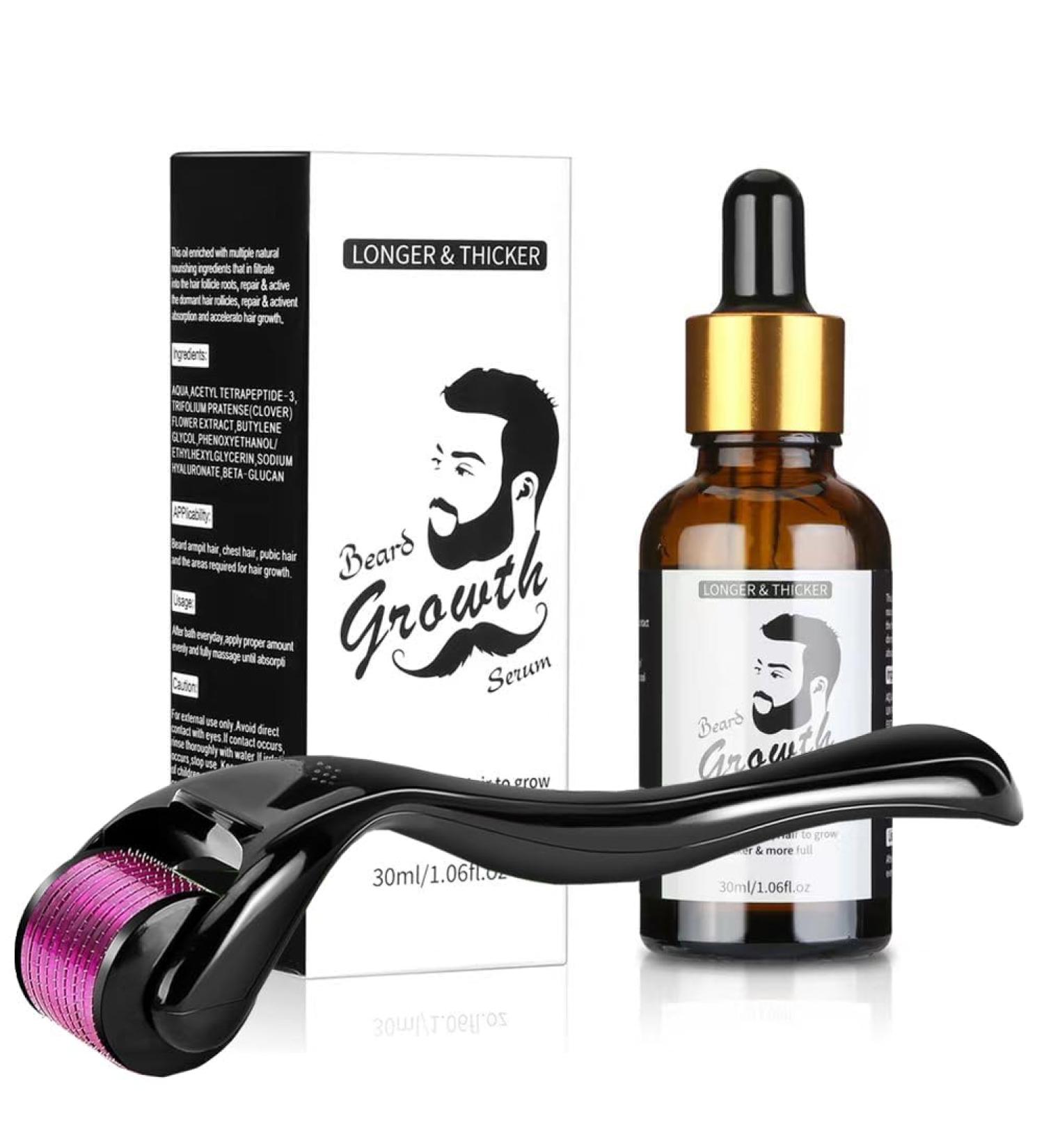 Beard Growth Serum Kit for Men - Facial Hair Growth Serum Oil + 540 0.5mm Derma Roller - Buy Online on GoSupps.com