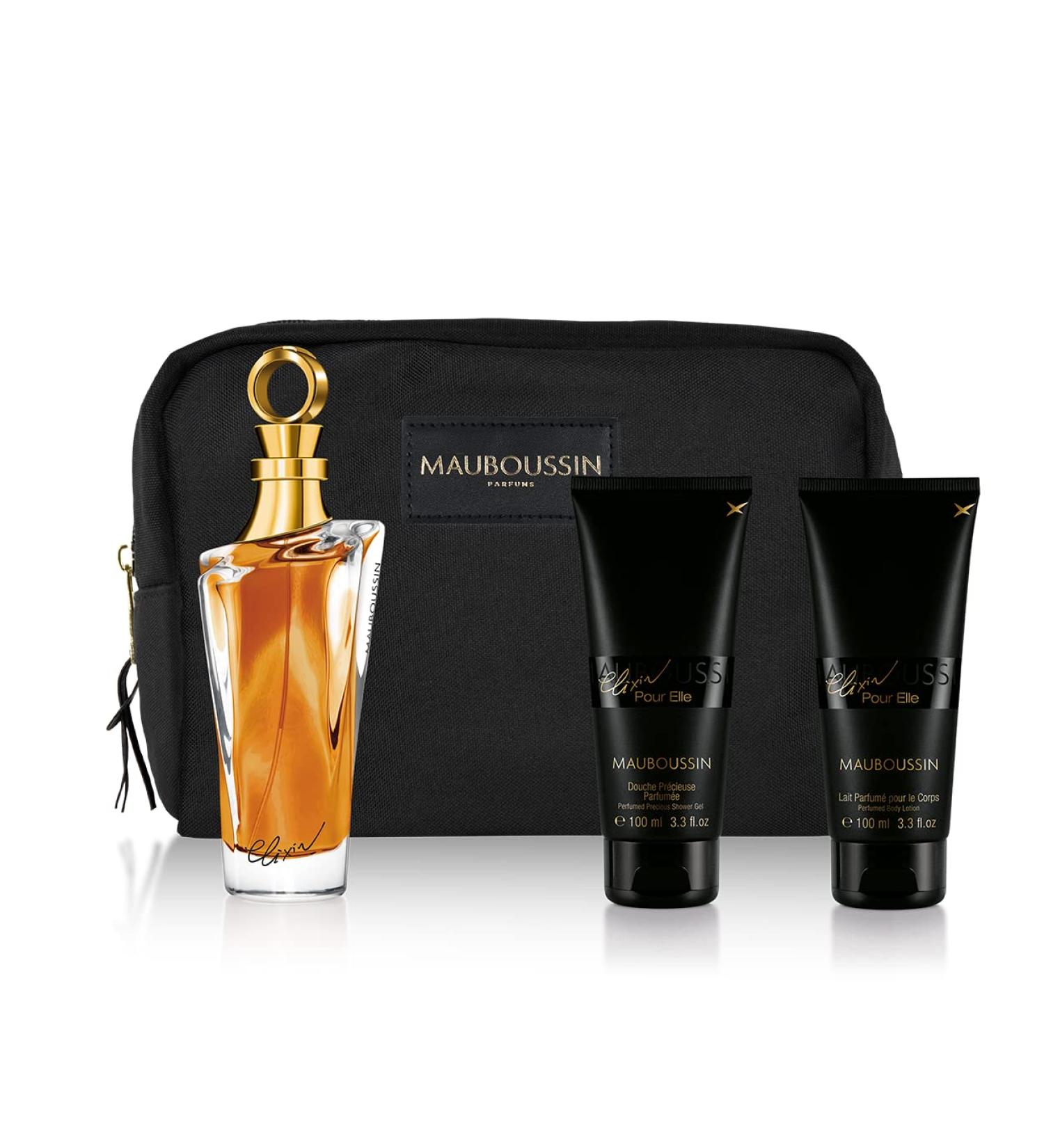 Mauboussin - Elixir Pour Elle Prestige Set: Eau de Parfum Perfumed Body Wash Perfumed Body Milk & Black Toiletry Bag - Buy Online on GoSupps.com