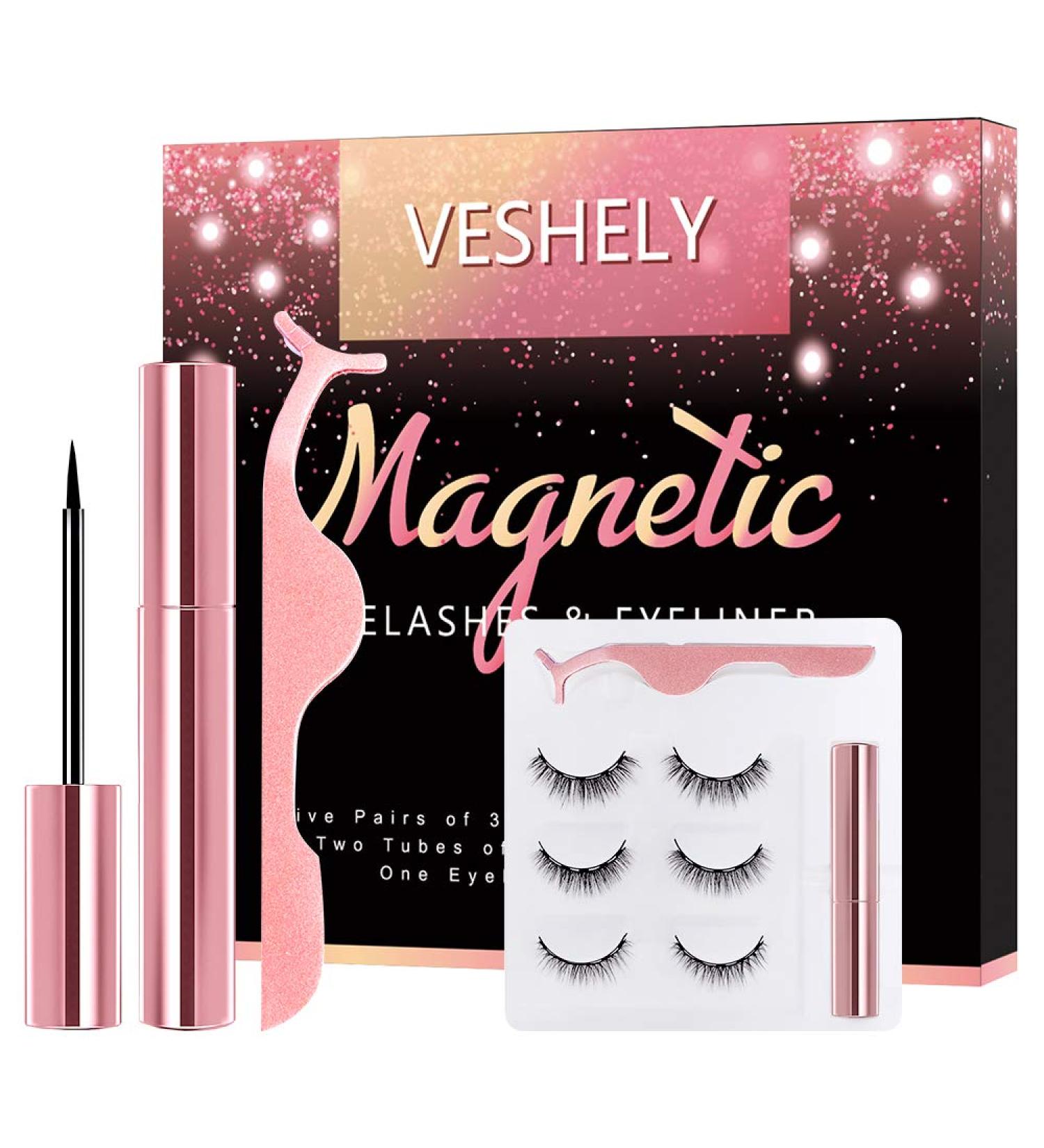 VESHELY Magnetic Eyelashes with Eyeliner Kit - 3 Pairs Natural Look False Lashes Set with Waterproof Magnetic Liner - 3D Short and Long Eyelashes - Glue-Free Application - Buy Online on GoSupps.com
