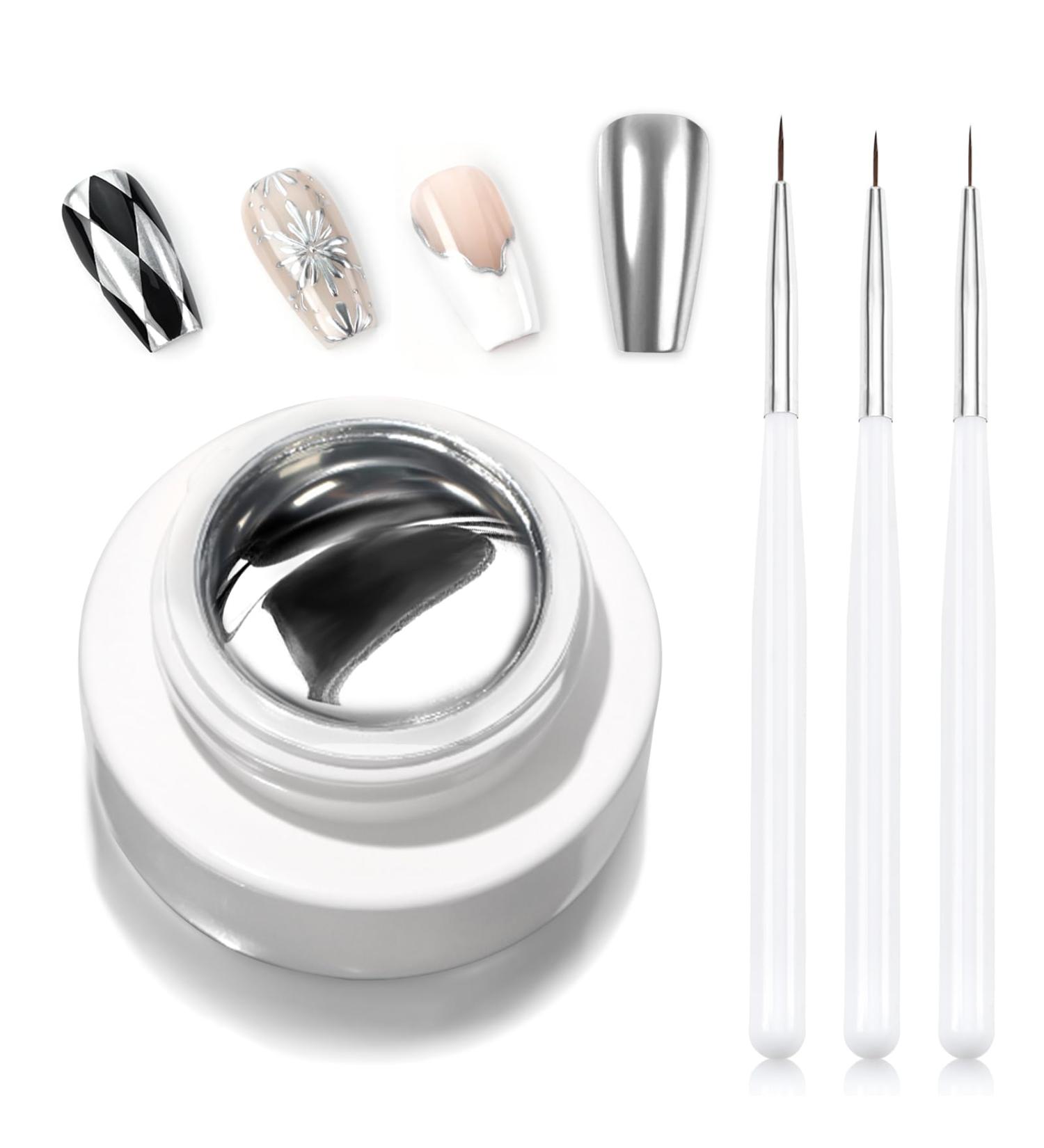Erinde Silver Metallic Nail Polish Gel Mirror Effect Nail Polish Gel Set 3D Gorgeous Long Lasting Nail Gel Quick Dry Silver Painting Gel Nail Liner Painting DIY Nail Glitter with 3 Brushes yellow - Buy Online on GoSupps.com