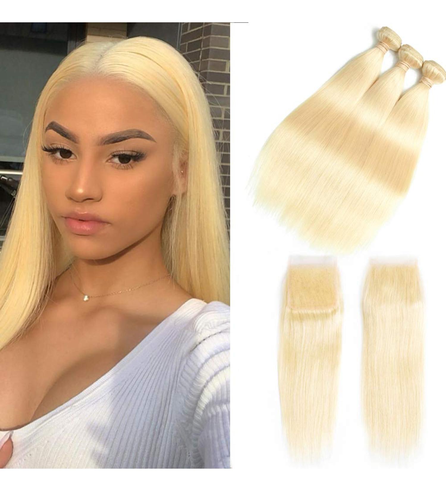 613 Blonde Brazilian Straight Human Hair Bundles with Closure - 18/22/22 + 14 Inch - Remy Hair Extensions - Can Be Dyed - Buy Online on GoSupps.com