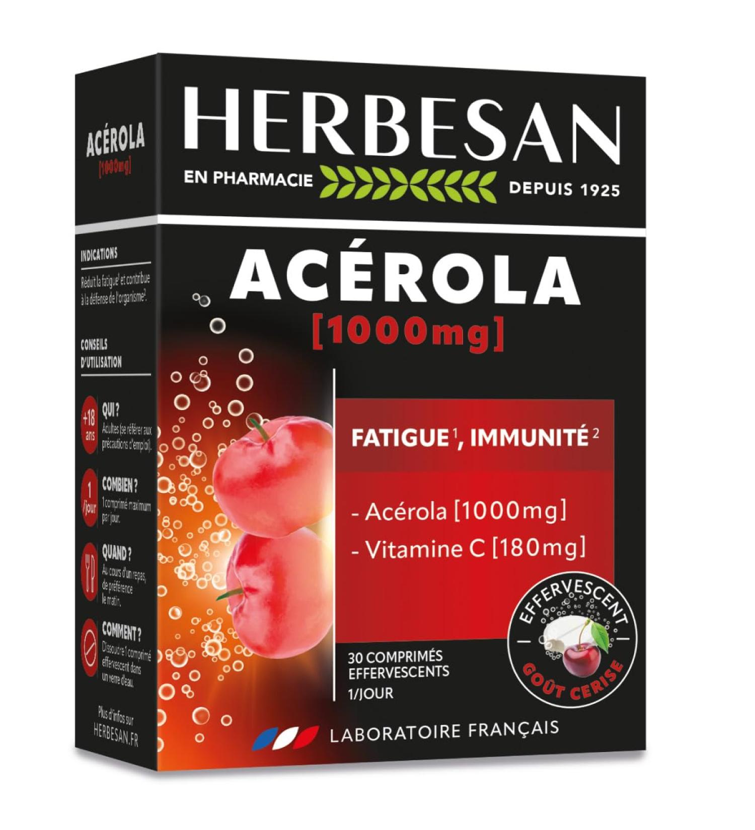HERBESAN - AC ROLA 1000 - Vitalit - Go t cerise - Haute concentration en Vitamine C-R duction de la fatigue- 30 comprim s effervescents - Buy Online on GoSupps.com