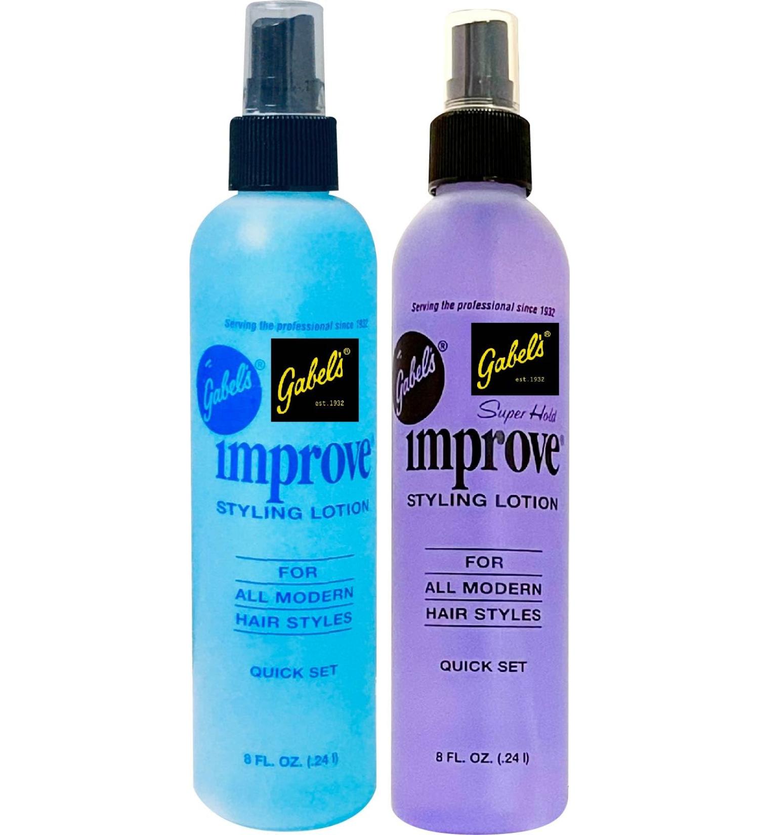 Improve Gabel s Styling Lotion Hair Spray Quick Set 8oz - Blue(1) Purple(1) Pack of 2. Authentic Gabel's Manufacturer Direct has Gabel's logo in black label. Blue 8oz Purple 8oz
