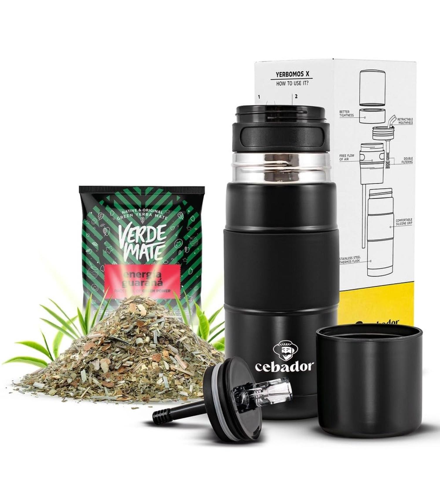 Coffret Yerba Mat Yerbomos X Noir 450ml + chantillon Verde Mate Green Energ a Guaran 50g Gourde thermos 3-en-1 Infusion emporter - Buy Online on GoSupps.com