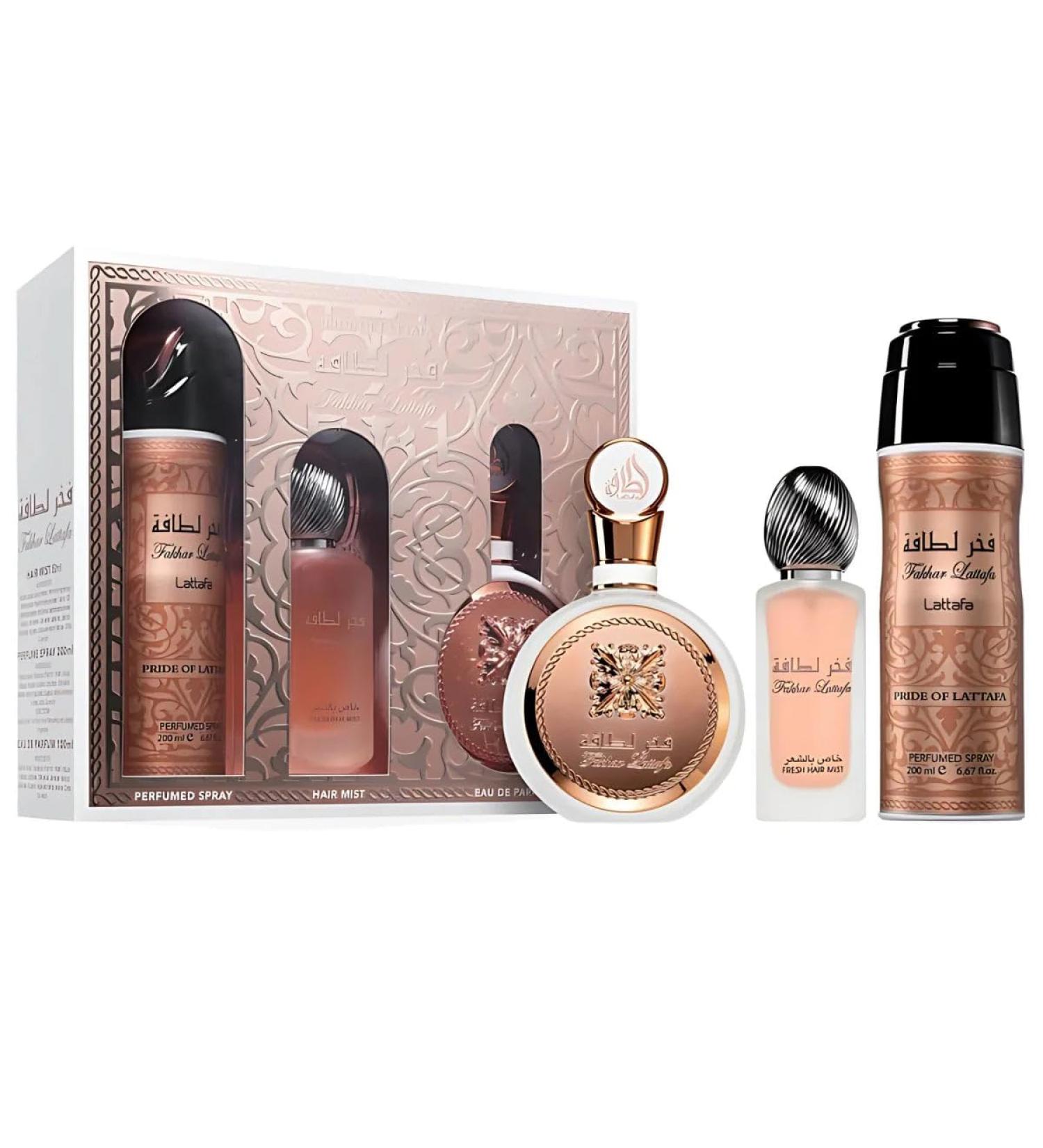 Lattafa Fakhar for Women 3 Piece Set (3.4 Oz Eau de Parfum Spray + 1.7 Oz Hair Mist + 6.7 Oz Deodorant Spray) Fruity 11.8 Fl Oz (Pack of 1) - Buy Online on GoSupps.com