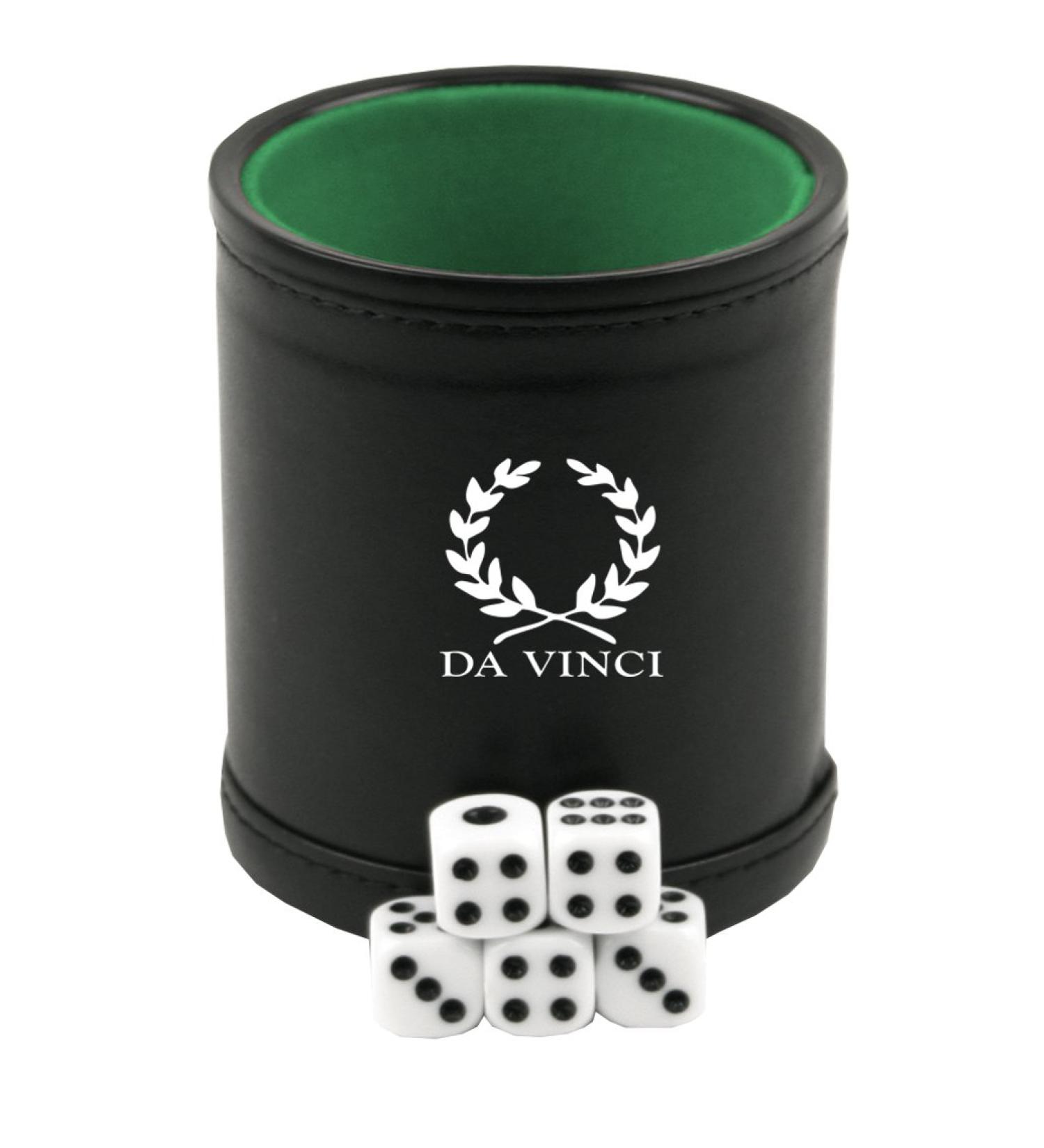 DA VINCI Professional Dice Cup with 5 Dice. Black Leatherette Exterior with Velvet Interior Green-felt