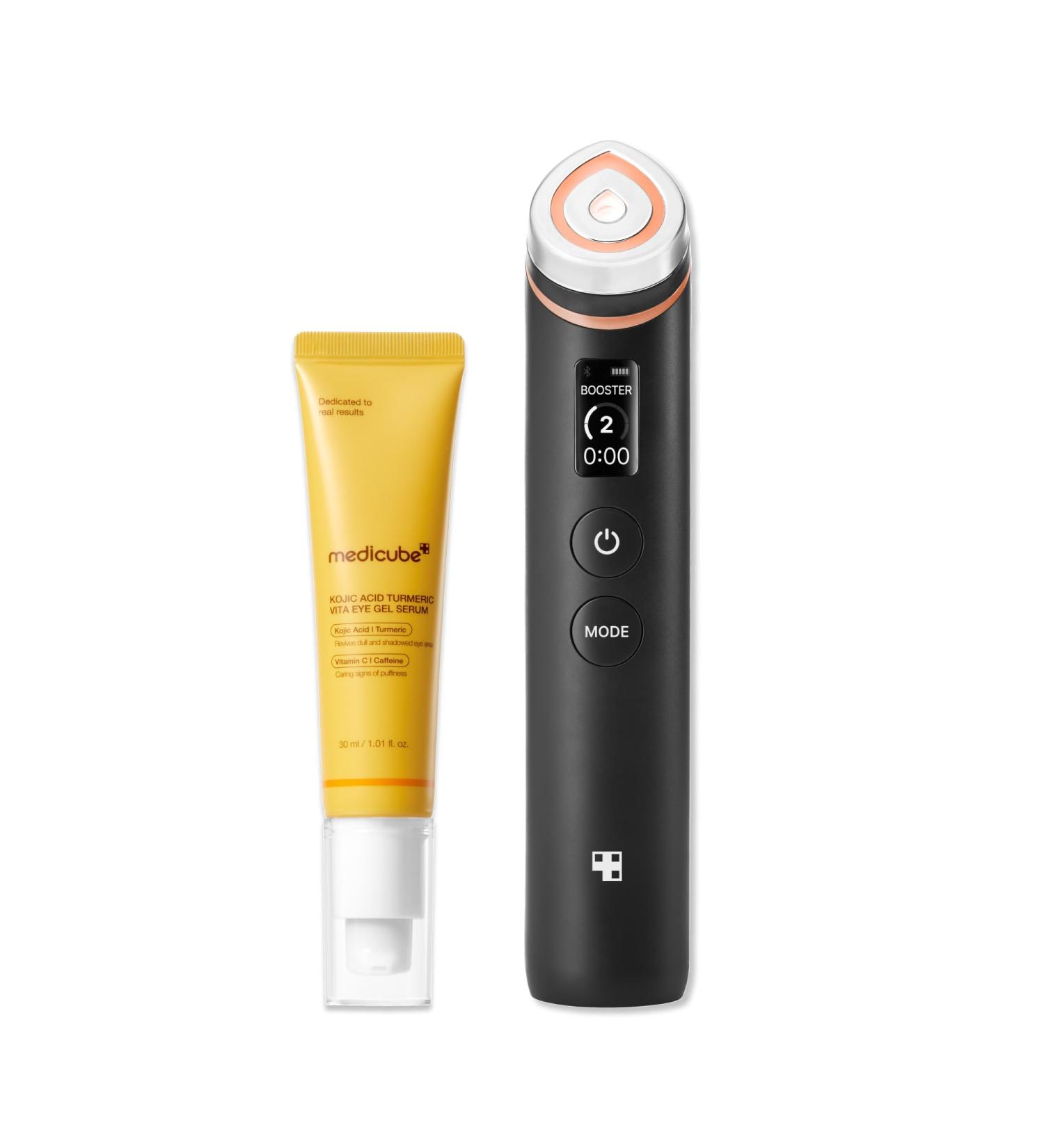 medicube Facial Device & Brightening Eye Care Duo: Kojic Acid Eye Gel Serum with Turmeric & Vitamin C and Booster Pro Black | All-Day Refreshing & Brightening Care with Retinol & Caffeine - Buy Online on GoSupps.com