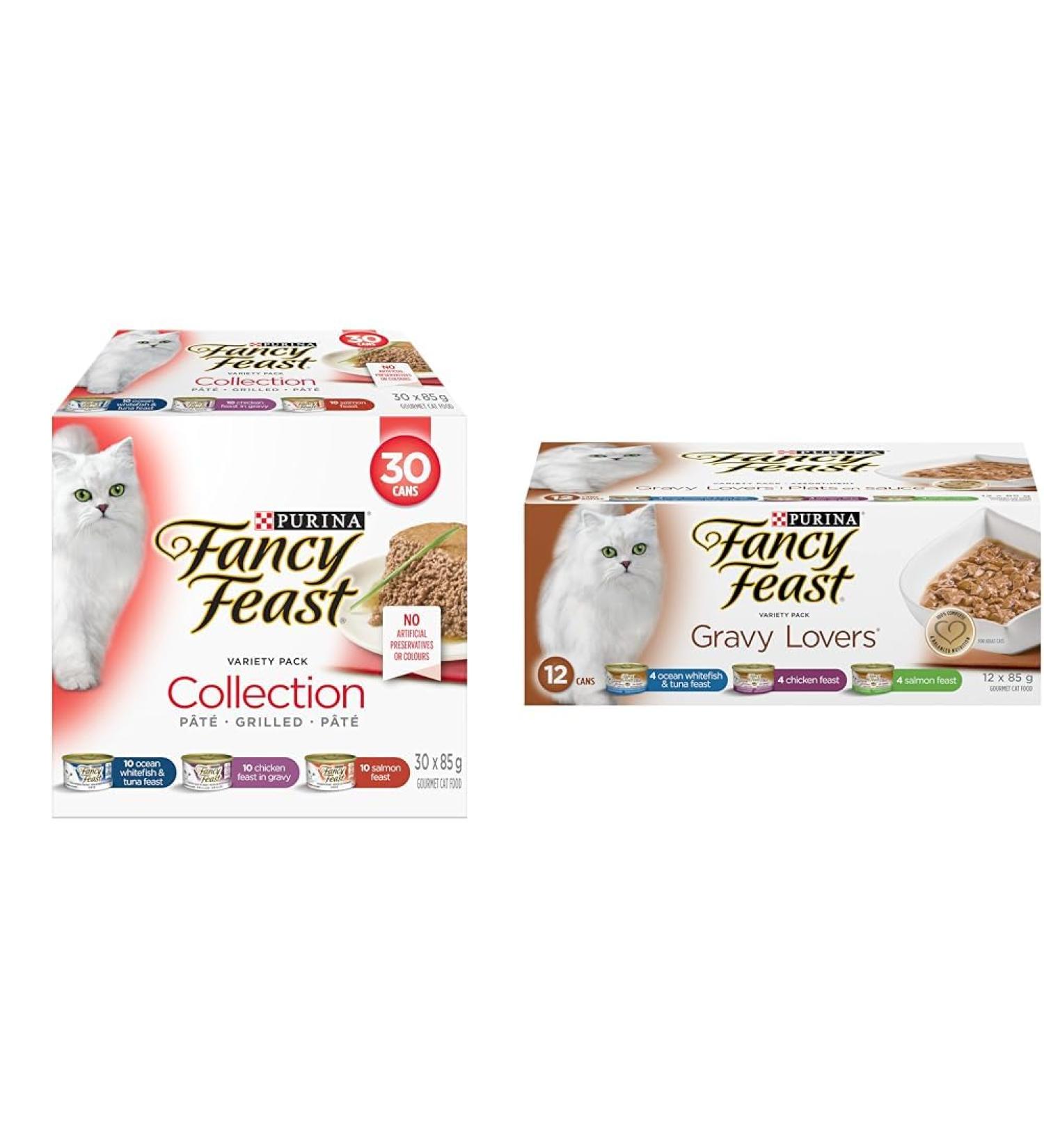 Fancy Feast Wet Cat Food Collection Variety Pack 3 Flavours - 85 g Can (30 Pack) & Wet Cat Food Gravy Lovers Variety Pack 85 g Cans (12 Pack) - Buy Online on GoSupps.com