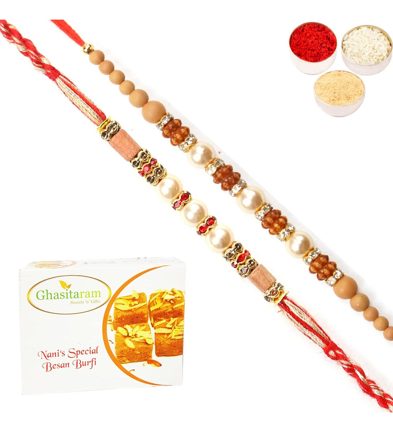 Ghasitaram Gifts Rakhi for Brother Rakhis Online - Set of 2 6299 6340 Pearl Rakhis with 400 GMS of Besan Barfi - Buy Online on GoSupps.com