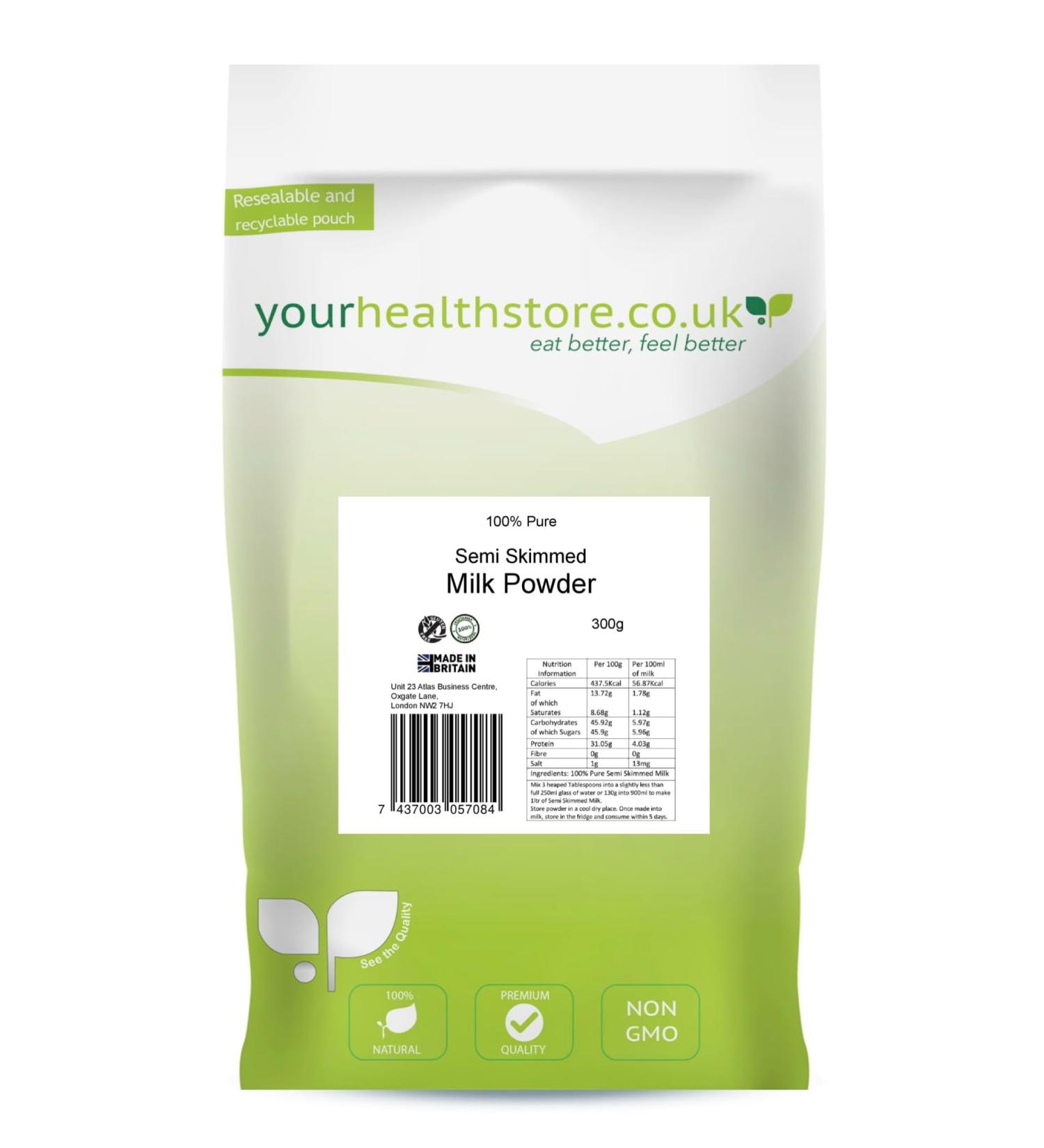 yourhealthstore 100% Pure Semi Skimmed Milk Powder 300g Made in Britain with British Milk Low in Fat No Additives No Soy Lecithin Vegetarian (Recyclable Pouch) - Buy Online on GoSupps.com
