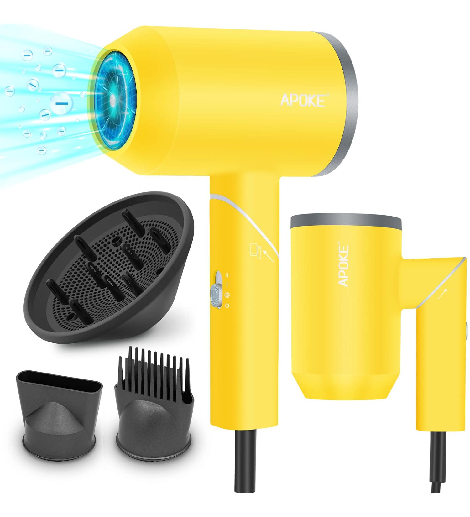 POKE Professional 1800W Hair Dryer with Diffuser - Compact Travel Blow Dryer | Portable Ionic Ceramic Tourmaline Technology | 2 Speed/3 Heat Settings | Comb Attachment | Foldable Design | Yellow - Buy Online on GoSupps.com