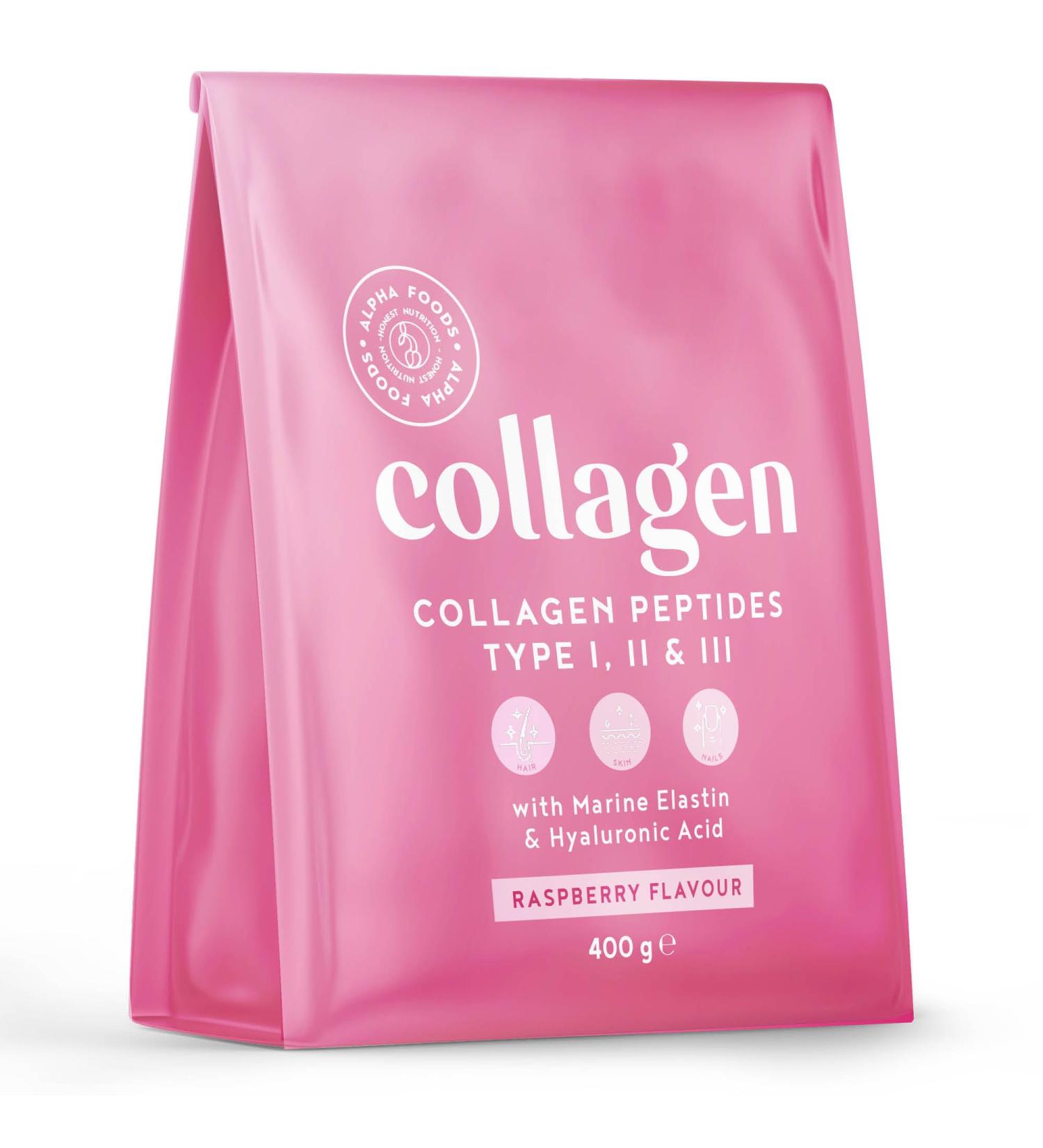 Premium Raspberry Flavour Collagen Powder with Hyaluronic Acid 400g | Bovine Collagen Type I II III Supplement for Women | Hydrolyzed Peptides with 8 Amino Acids | Alpha Foods 26 Servings - Buy Online on GoSupps.com