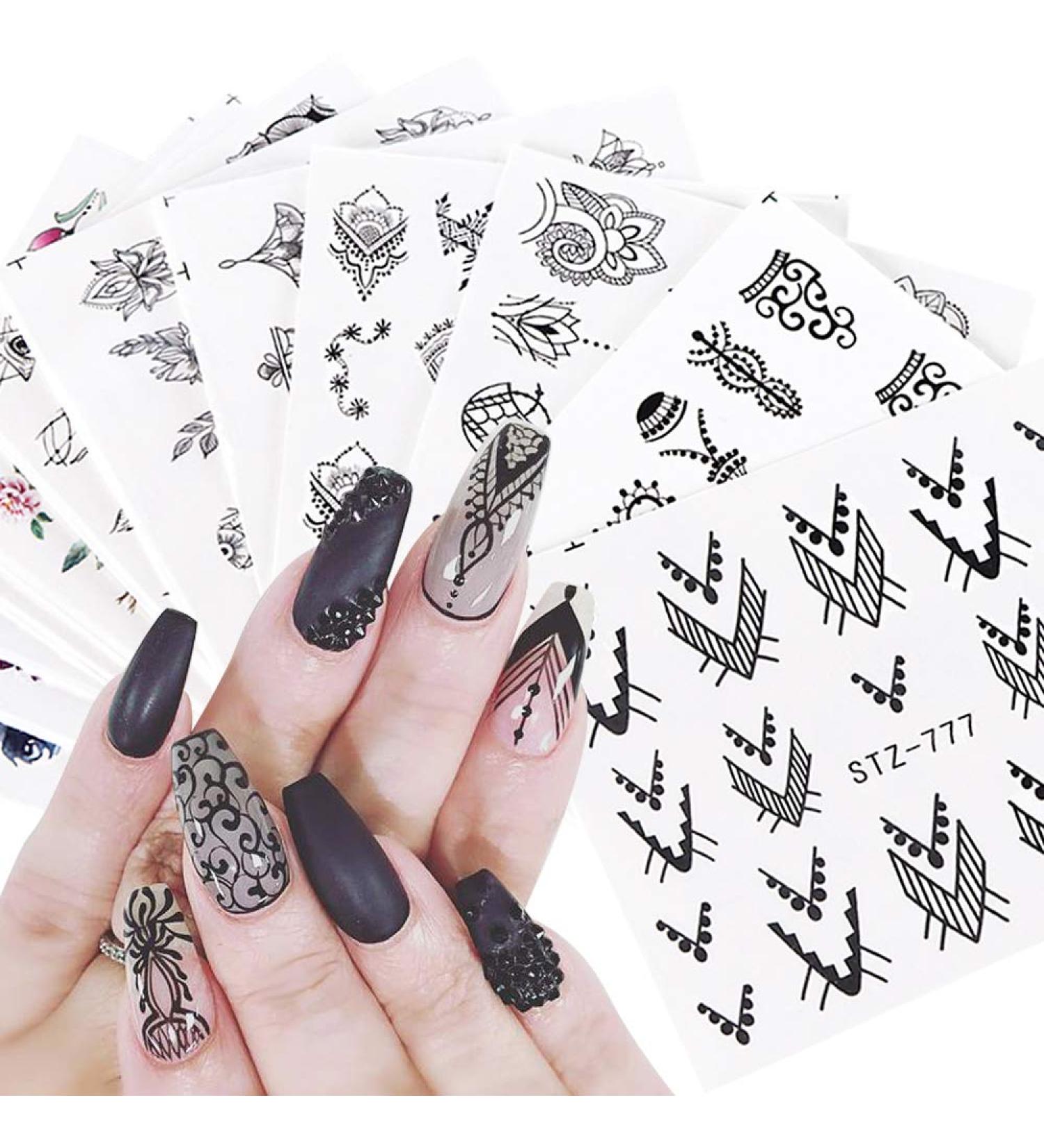 Black Nail Art Stickers Water Transfer Decals with Floral and Dream Catcher Design - 13 Sheets | DIY Nail Manicure Supplies - Buy Online on GoSupps.com