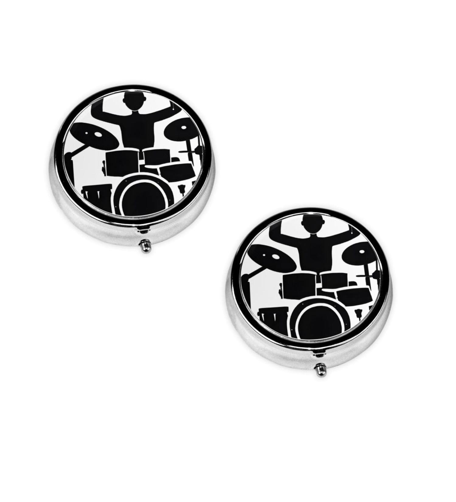 Drummer Round Pill Box - 3 Compartment Mini Decorative Portable Travel Organizer for Vitamins & Medicine - Buy Online on GoSupps.com