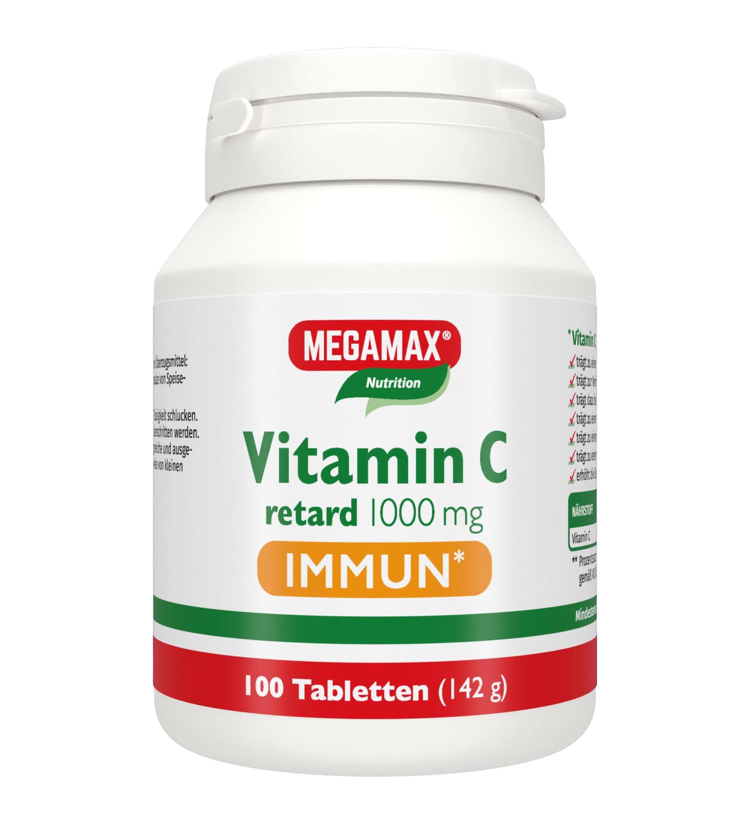 MEGAMAX Nutrition Plant-Based Vitamin C IMMUN Retard 1000 mg - High Dose Vegan Lactose-Free & Gluten-Free - 100 Tablets for Immune Support - Buy Online on GoSupps.com