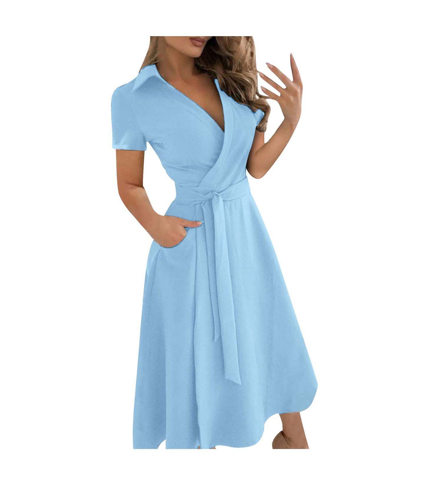 Haiorziyou Summer V-Neck Swing Dress for Women | A-Line Pleated Floral Party Dress | Sky Blue Knee-Length Long Arm Fashion - XL Size - Buy Online on GoSupps.com