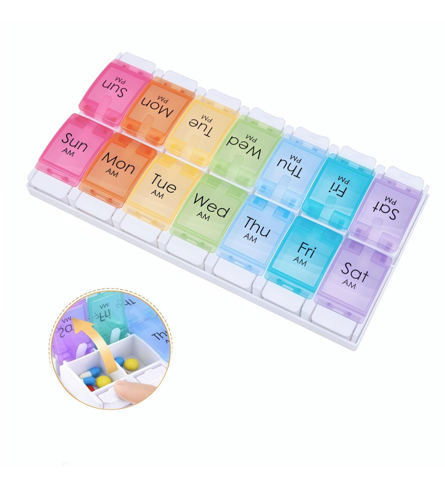 AM PM Weekly Pill Organizer - Large 7-Day Pill Box with Easy Push Button Design for Hassle-Free Medication Management - Buy Online on GoSupps.com