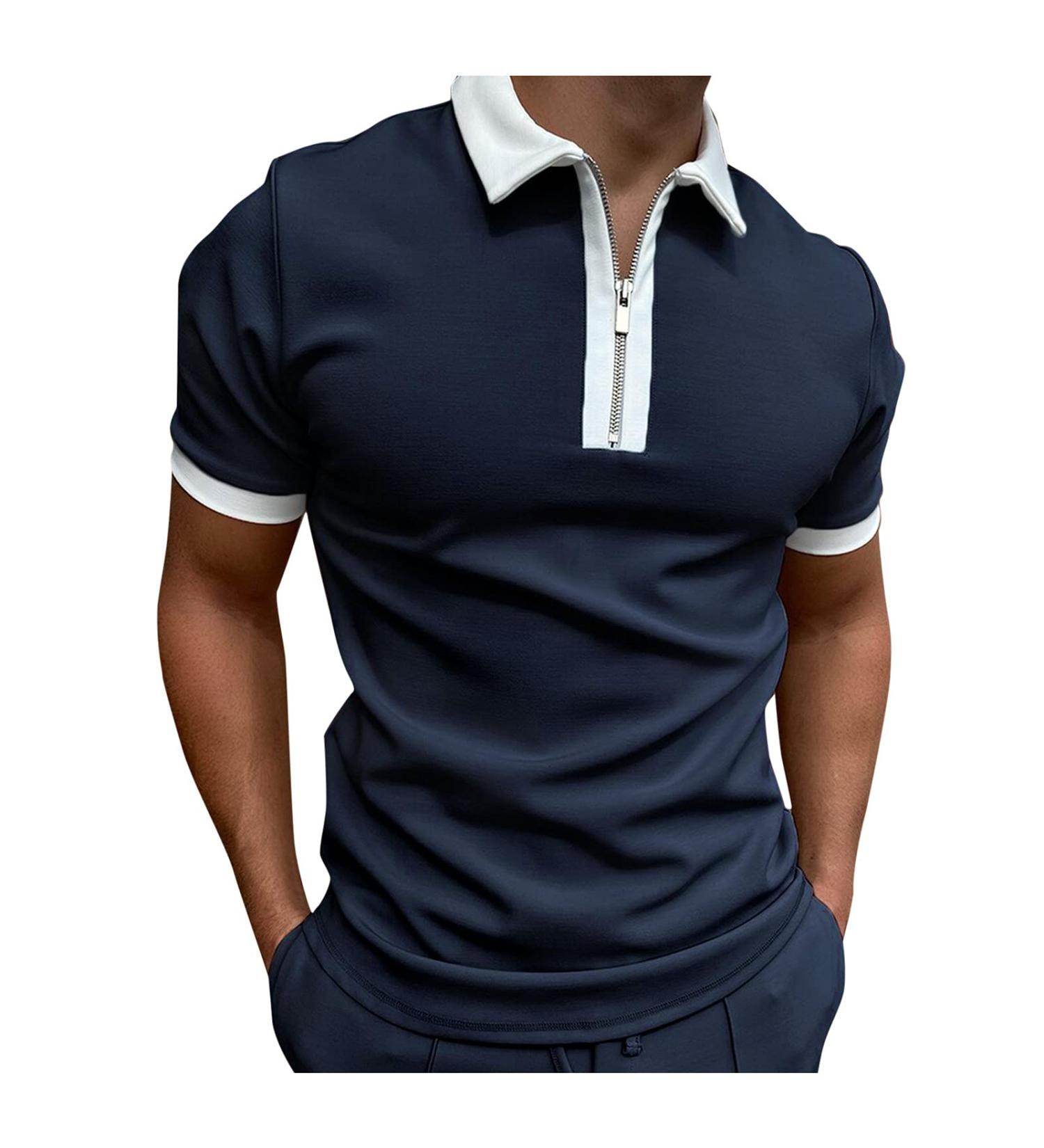 2023 Fashion New Shirt Sleeve Turn Down Blouse Men's Zipper Collar Splice Solid Polos Casual Men's Blouse Button up Dress Shirts for Men Dark Blue M - Buy Online on GoSupps.com