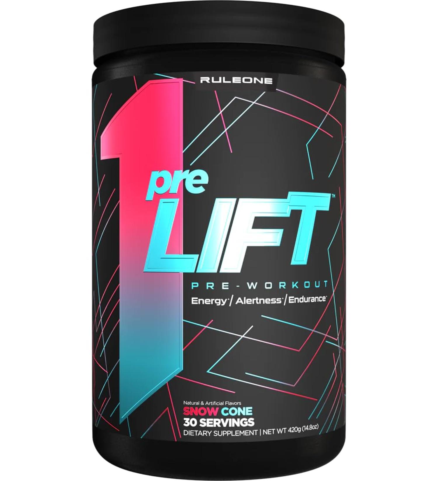 Rule 1 Pre Lift Pre-Workout Powder | Caffeine Beta-Alanine L-Citrulline Alpha GPC | Nitric Oxide Support Energy Alertness & Endurance | Sugar Free | 450G 30 Servings (Snow Cone) - Buy Online on GoSupps.com